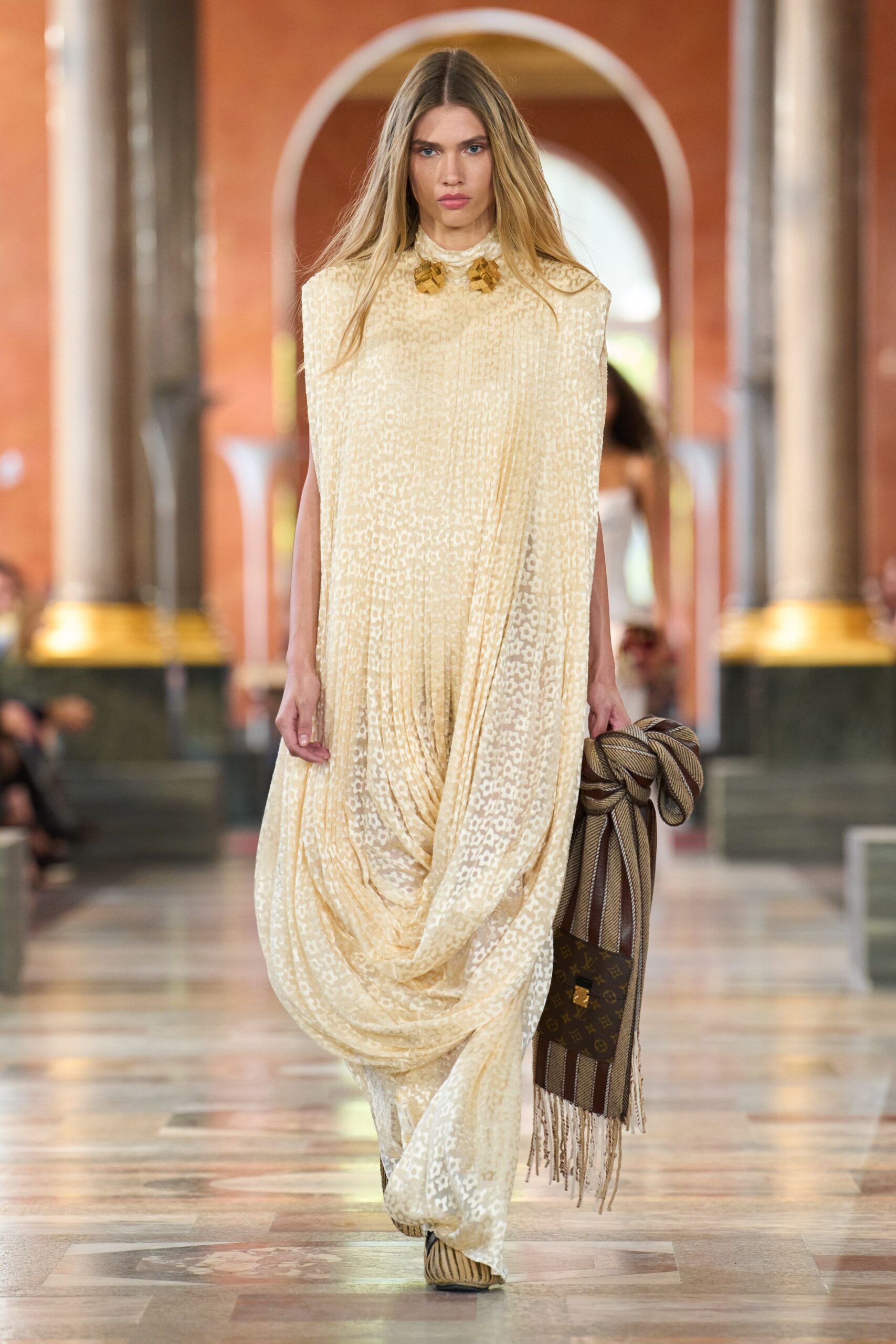 beige silk sleeveless high-neck relaxed draped embellished dress