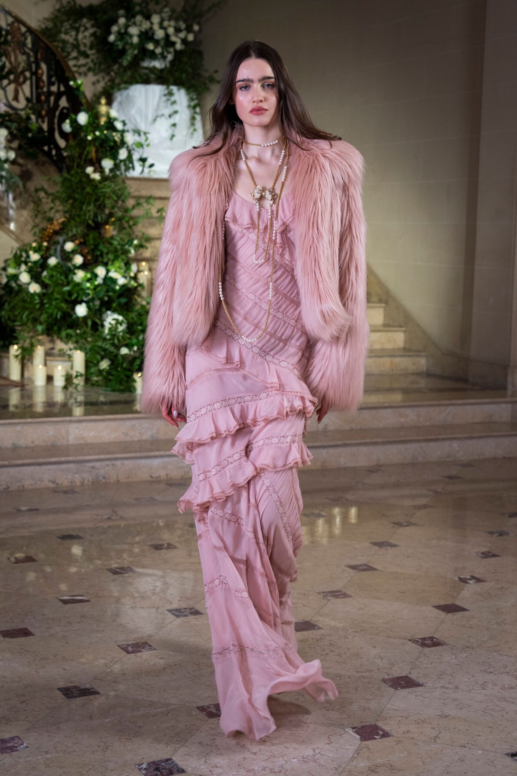 pink faux-fur oversized coat