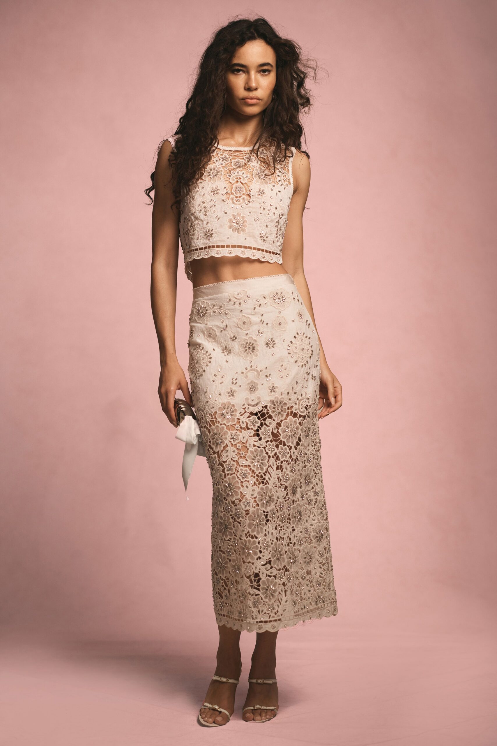 beige lace sleeveless high-neck fitted embroidered cropped crop-top