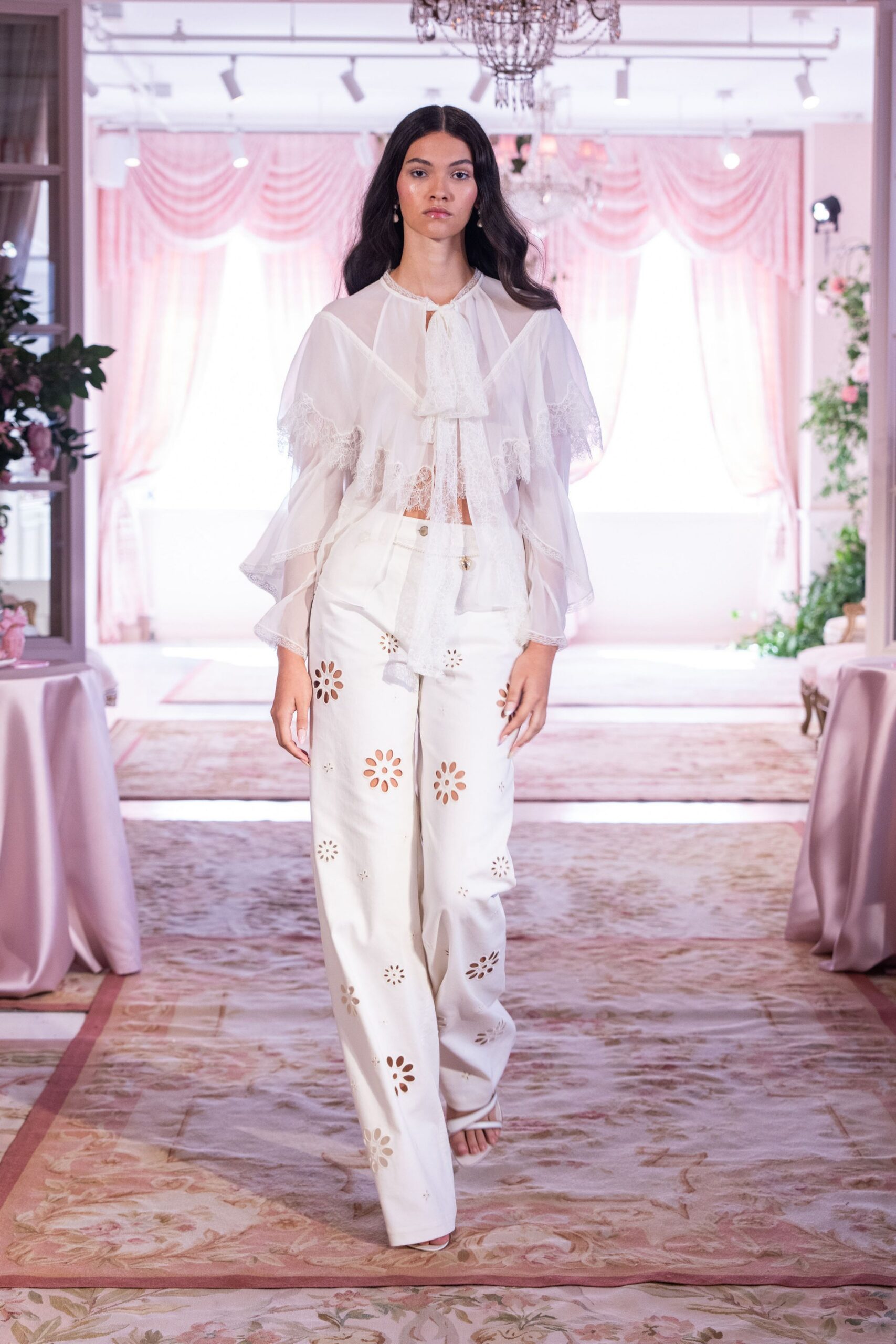 white chiffon long-sleeve collared relaxed ruffled embroidered blouse