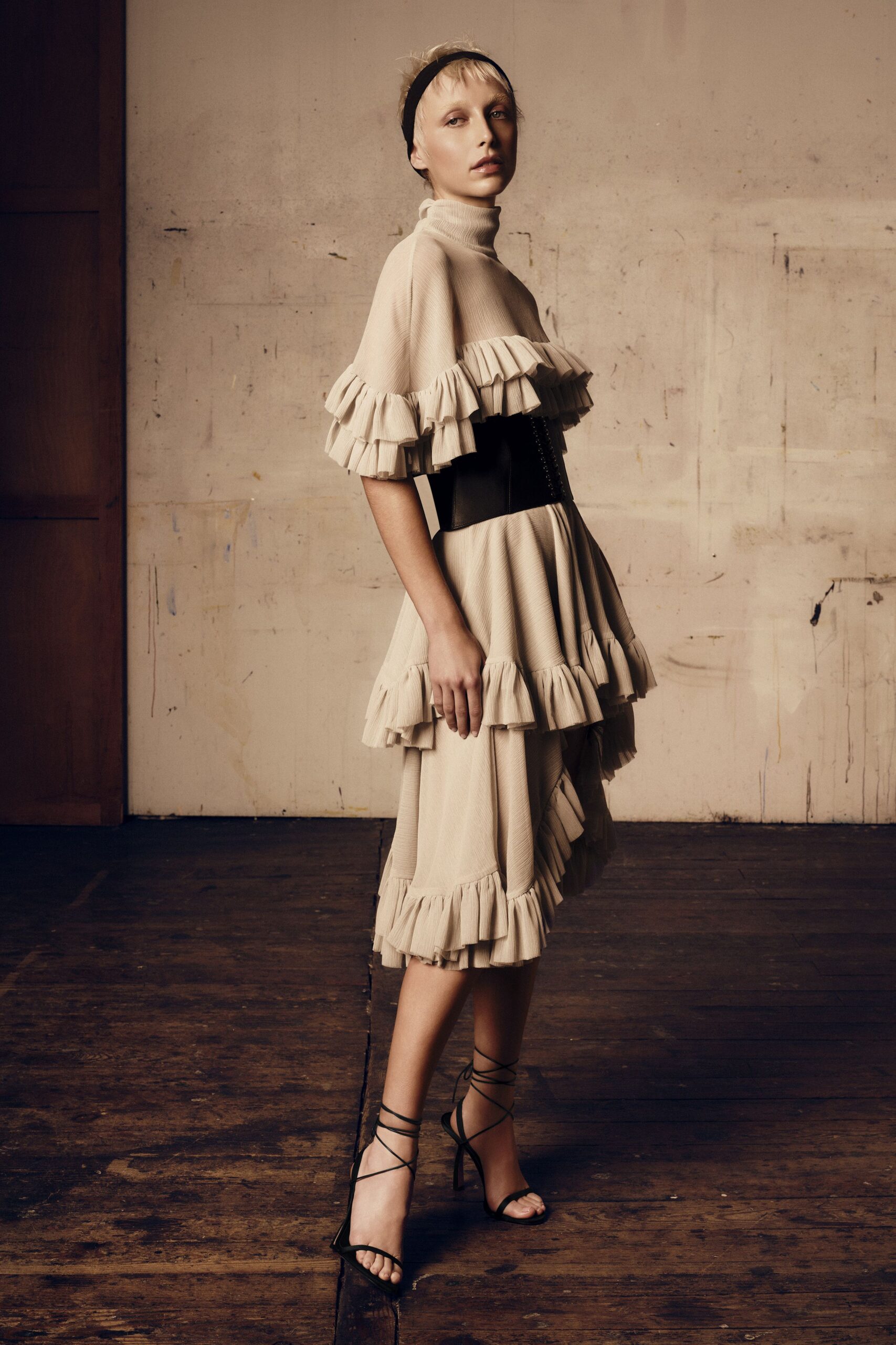 beige cotton long-sleeve high-neck fitted ruffled tiered dress