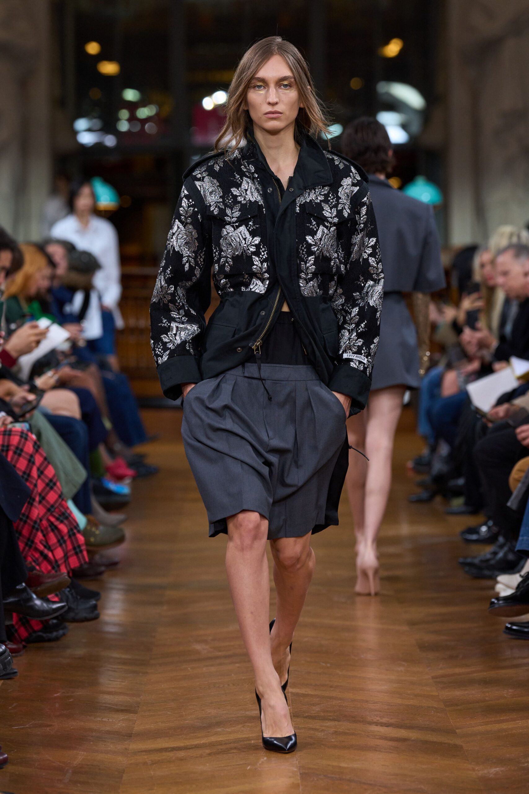 black silk long-sleeve collared relaxed embroidered jacket