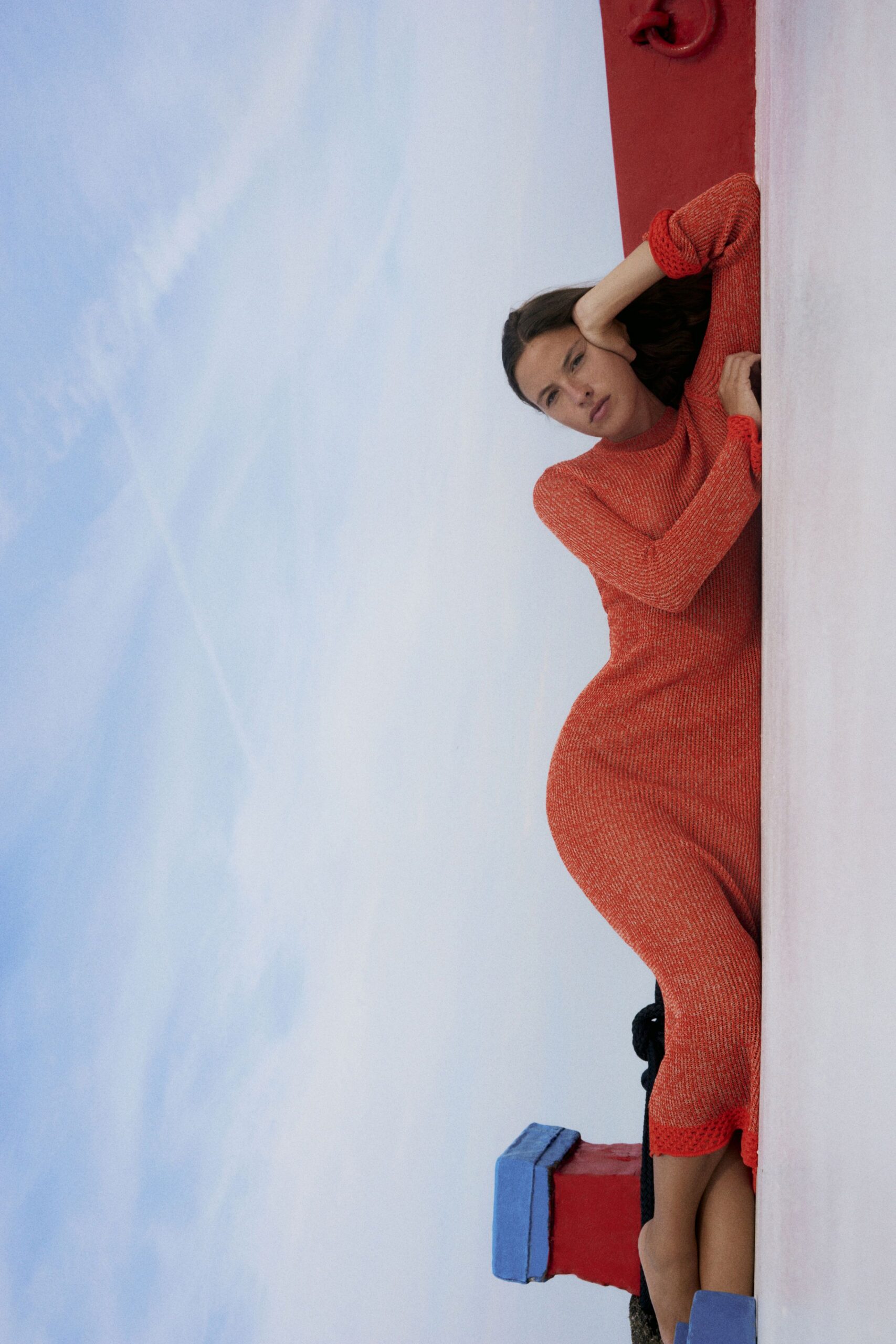 fitted red knit midi dress
