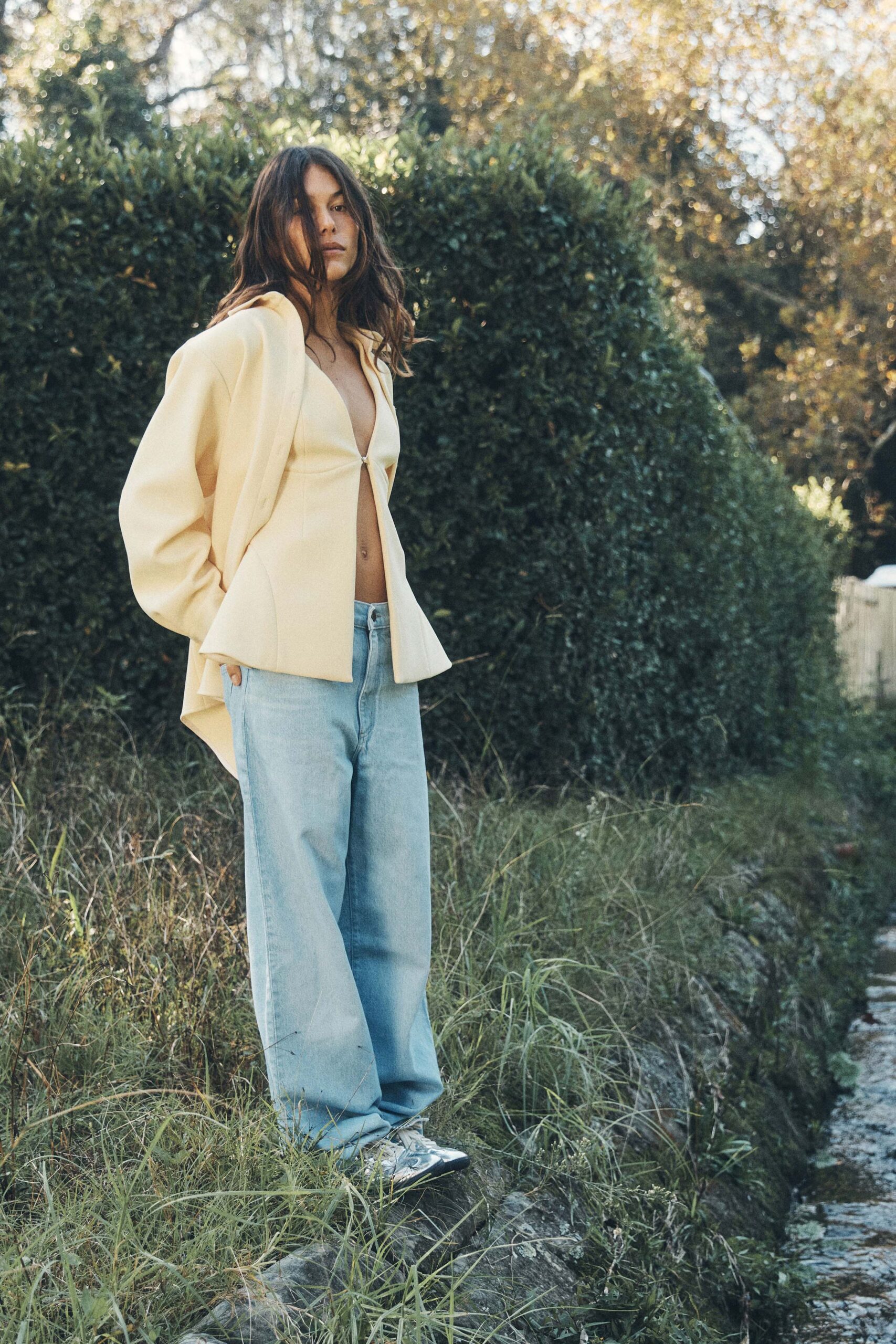 yellow blazer beige top relaxed jeans