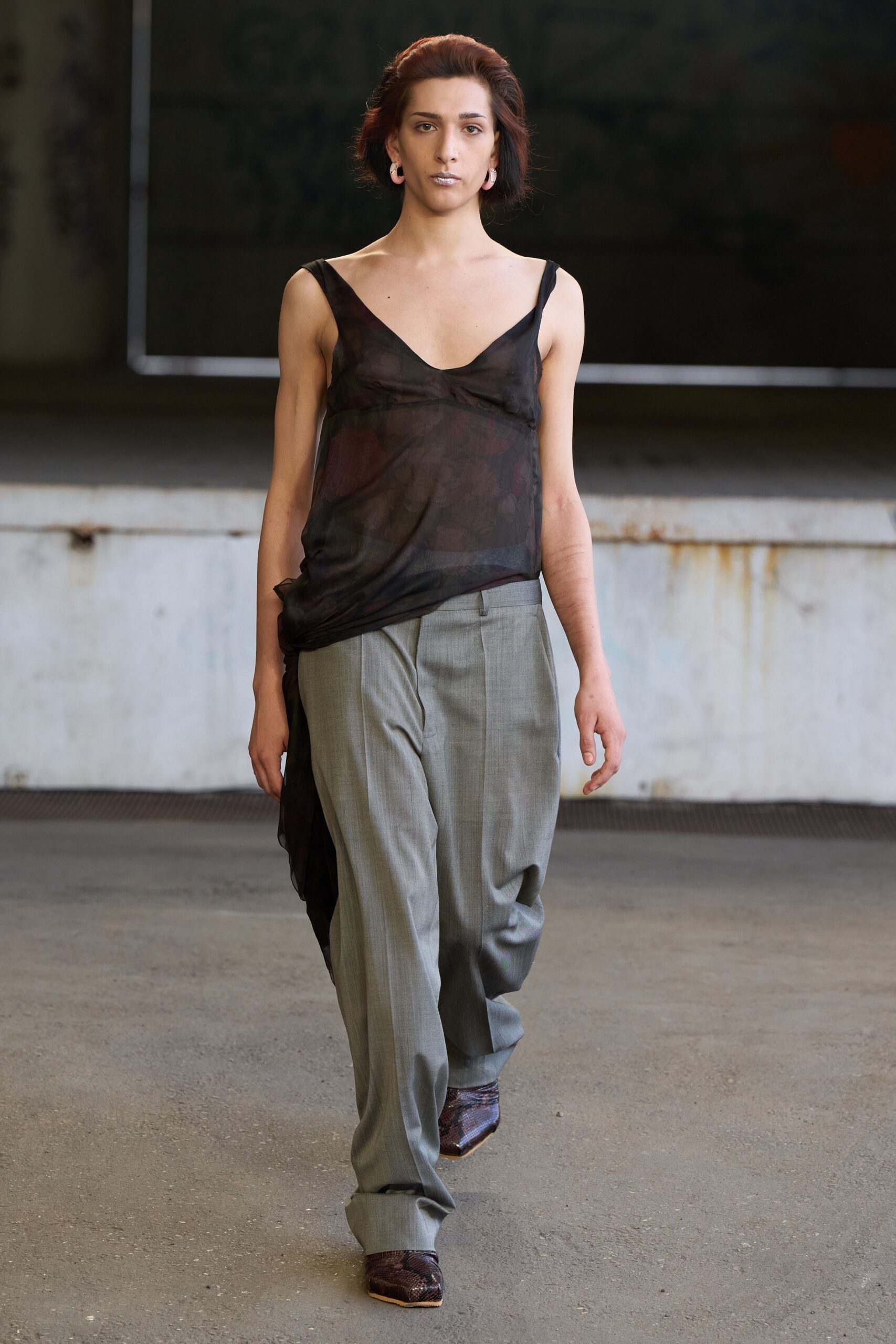 black silk sleeveless v-neck relaxed draped sheer top