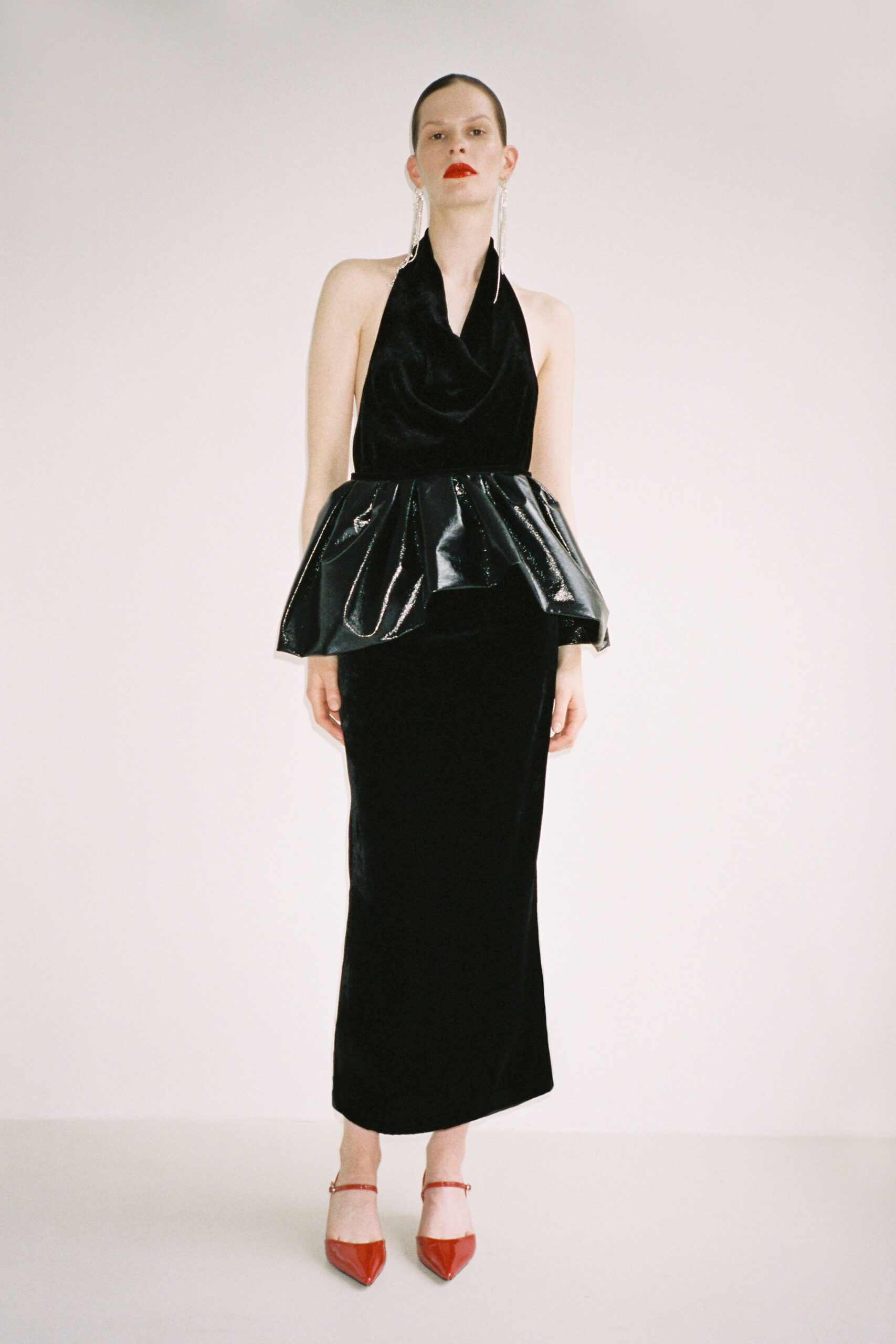 black velvet sleeveless halter fitted pleated midi dress