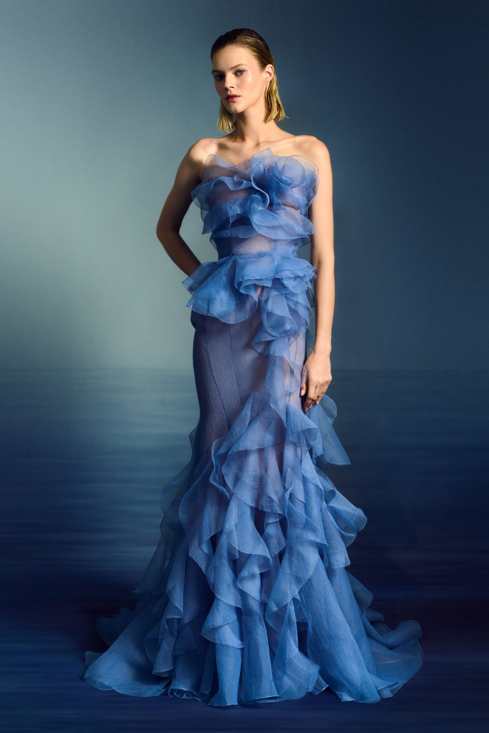 blue ruffled strapless gown