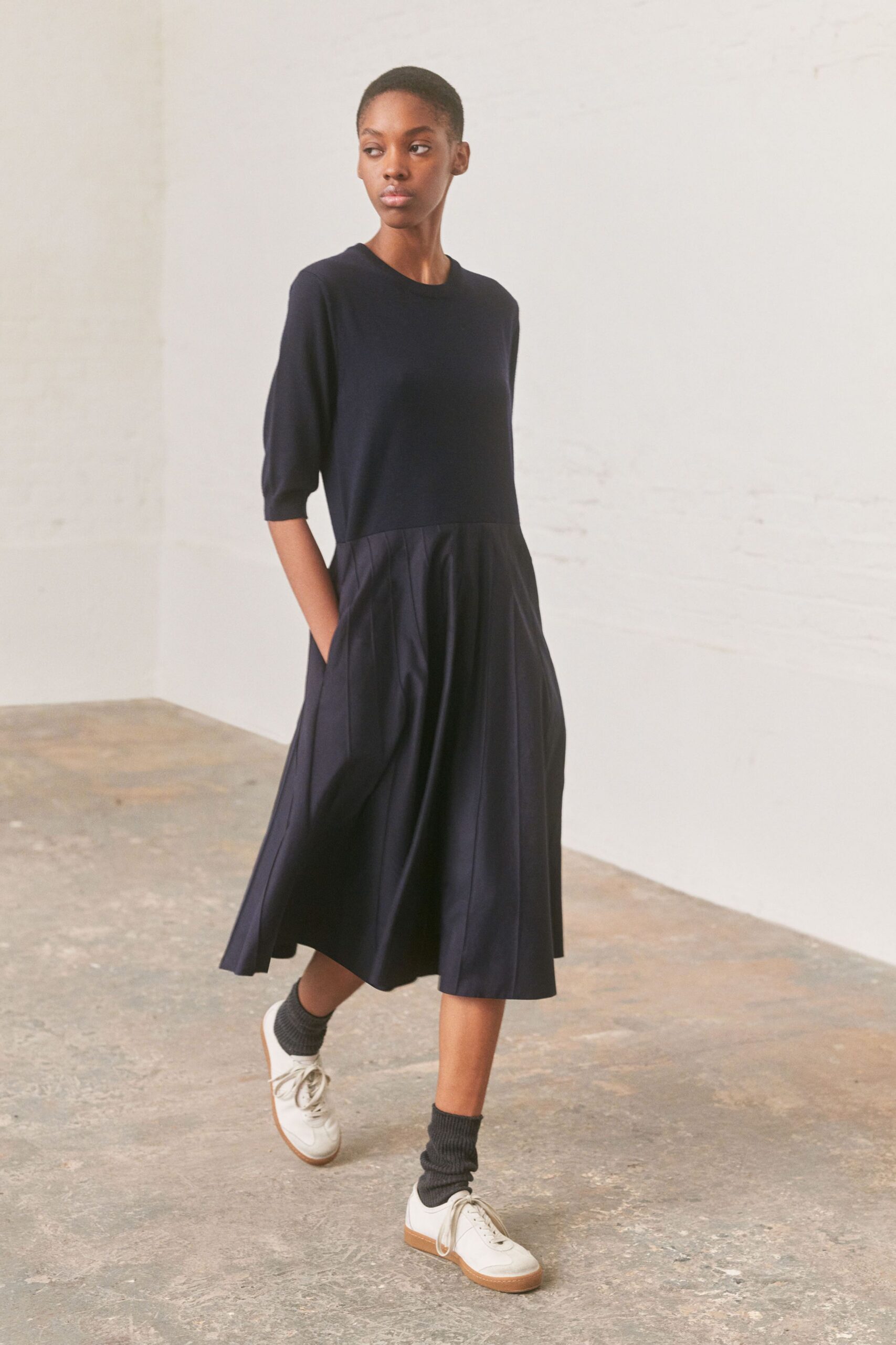 navy relaxed midi dress with pockets