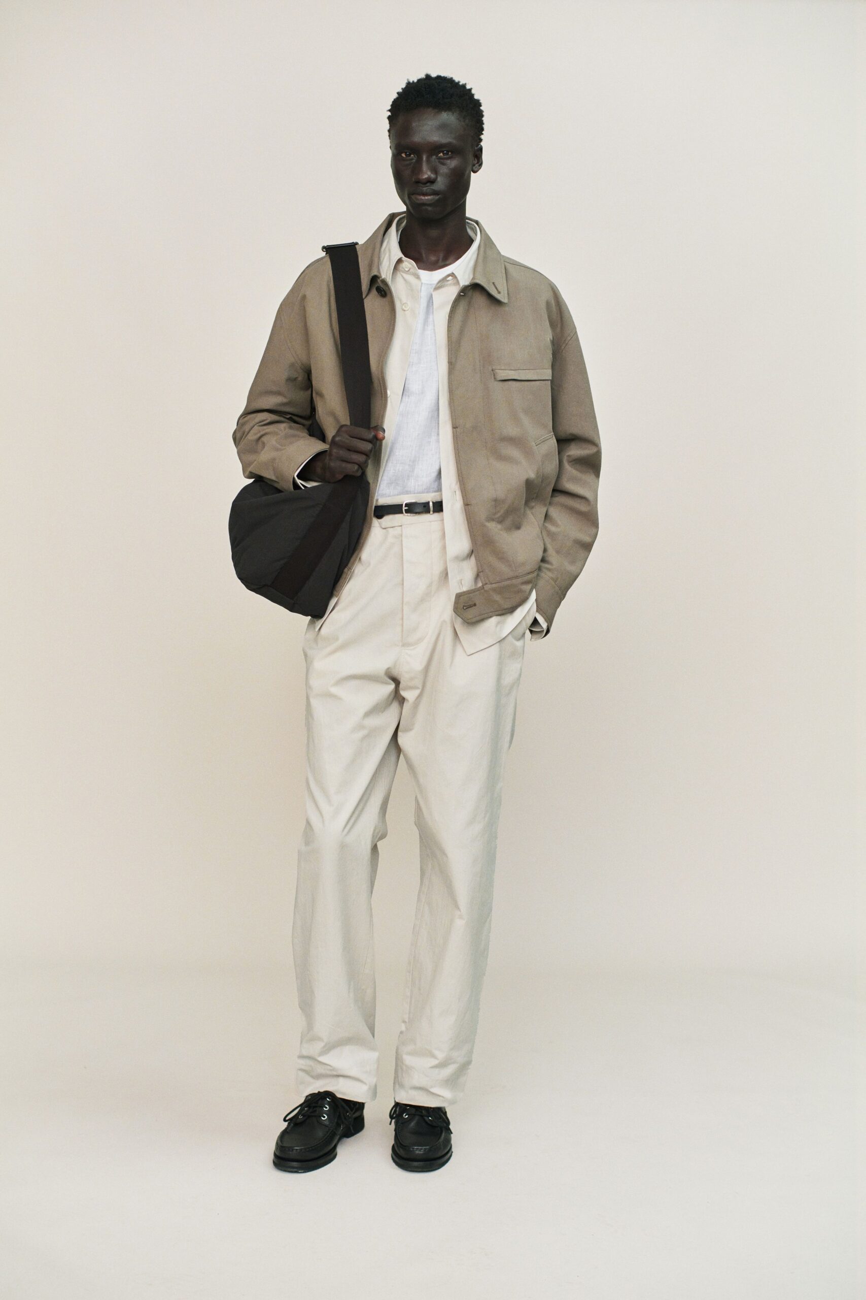 beige jacket with white shirt