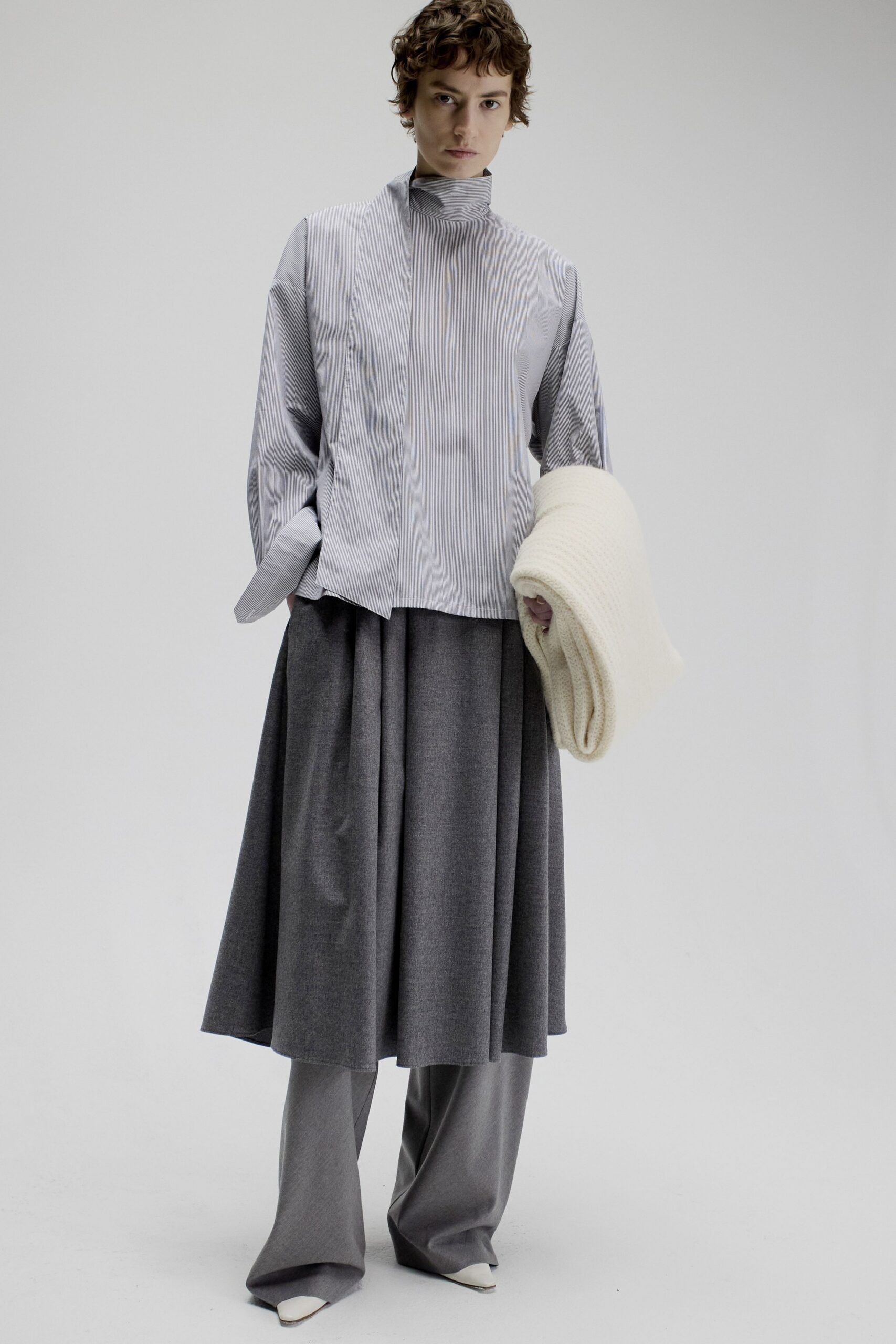 gray cotton long-sleeve collared relaxed striped top