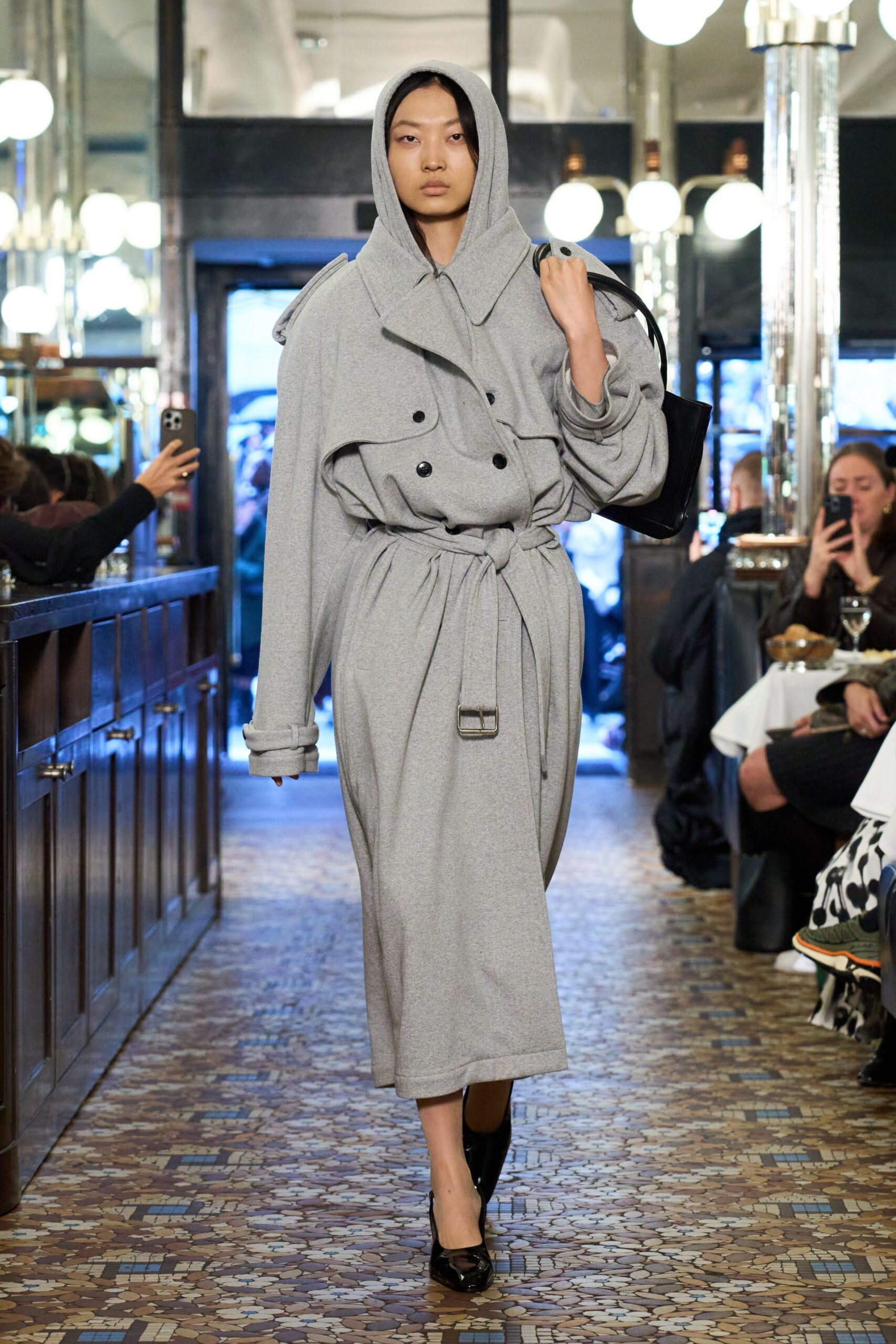 gray wool long-sleeve hooded relaxed belted midi coat