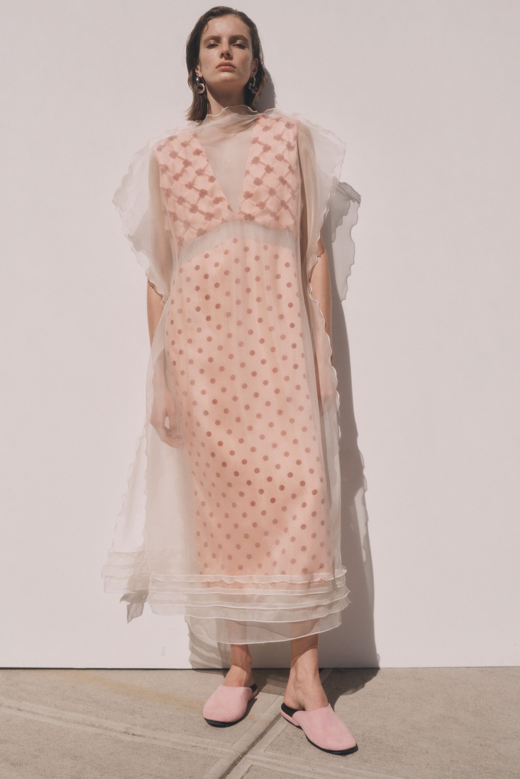pink silk sleeveless v-neck relaxed pleated draped dress