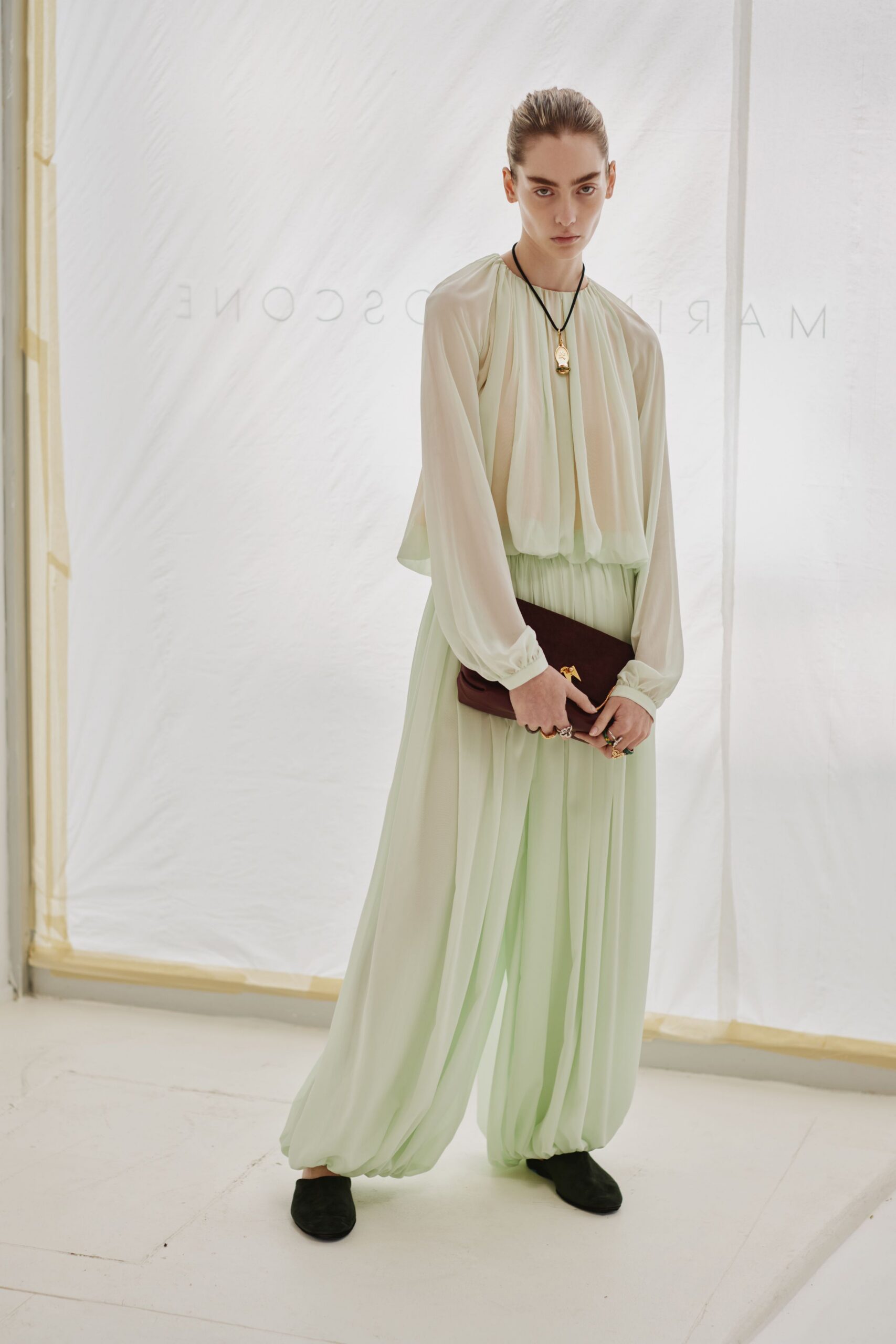 white chiffon long-sleeve collared relaxed pleated top