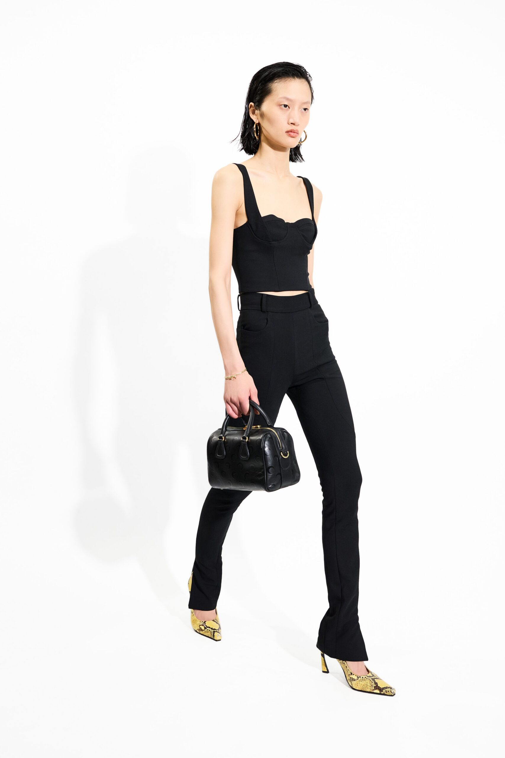 black fitted top and pants