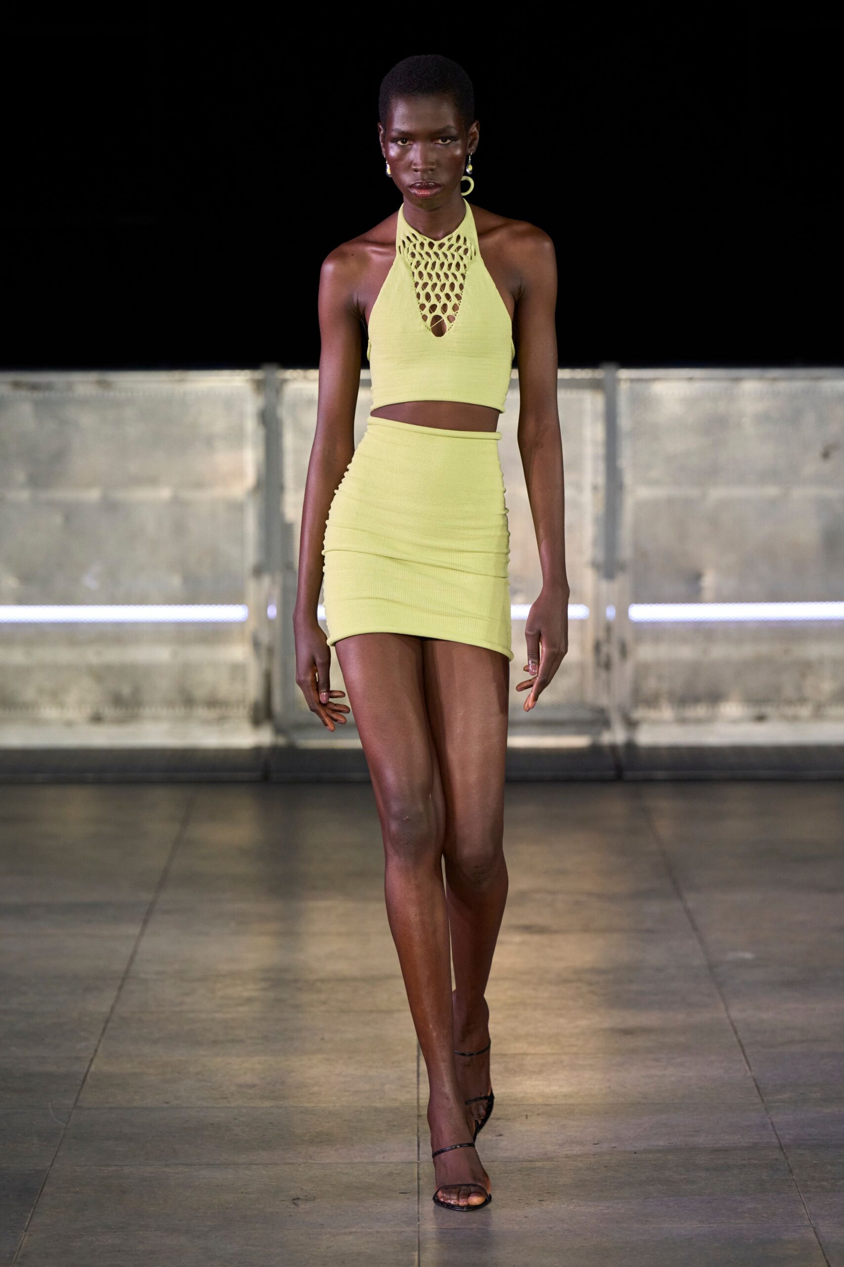 yellow cotton sleeveless halter fitted ruched mini dress