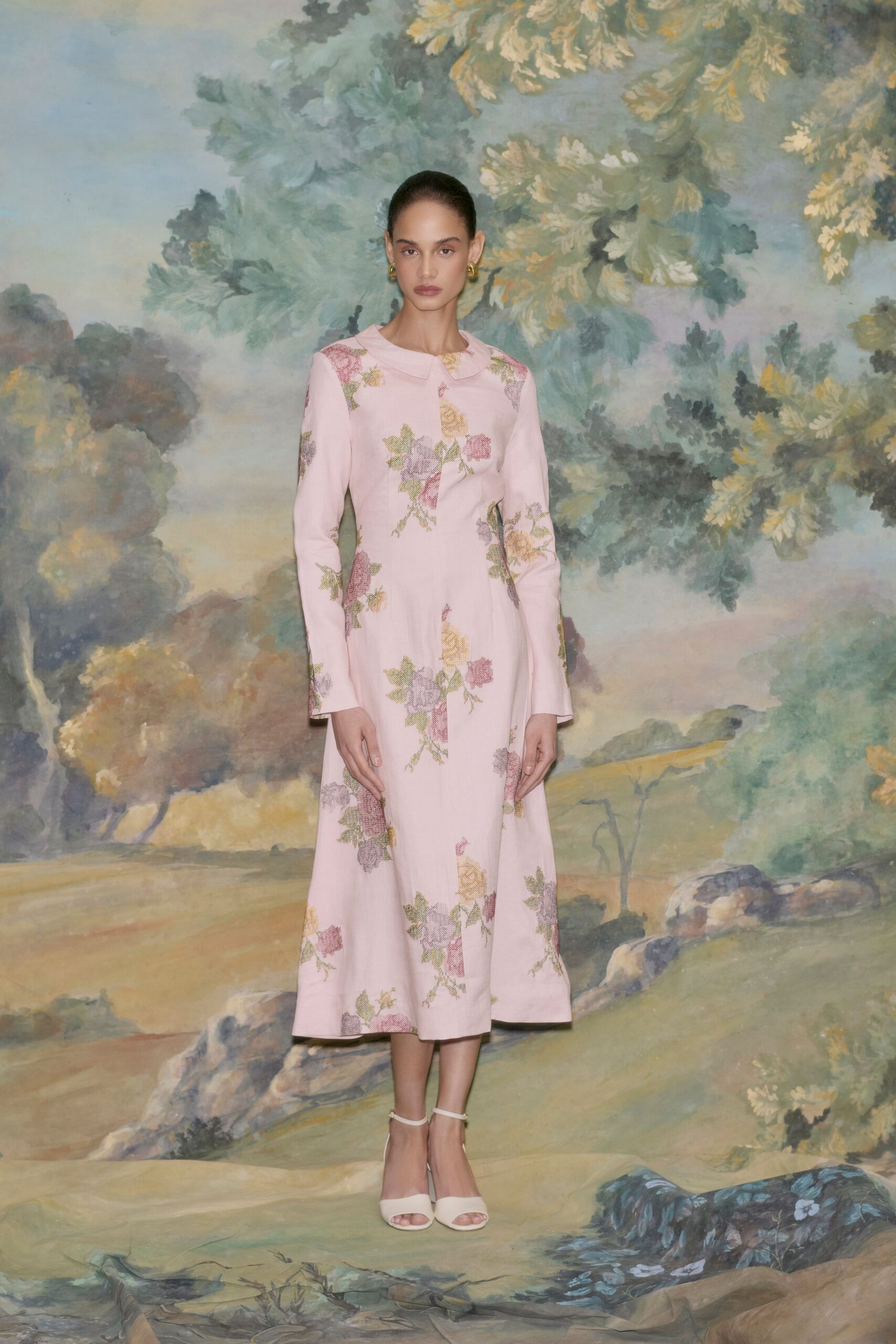pink embroidered midi dress with white shoes