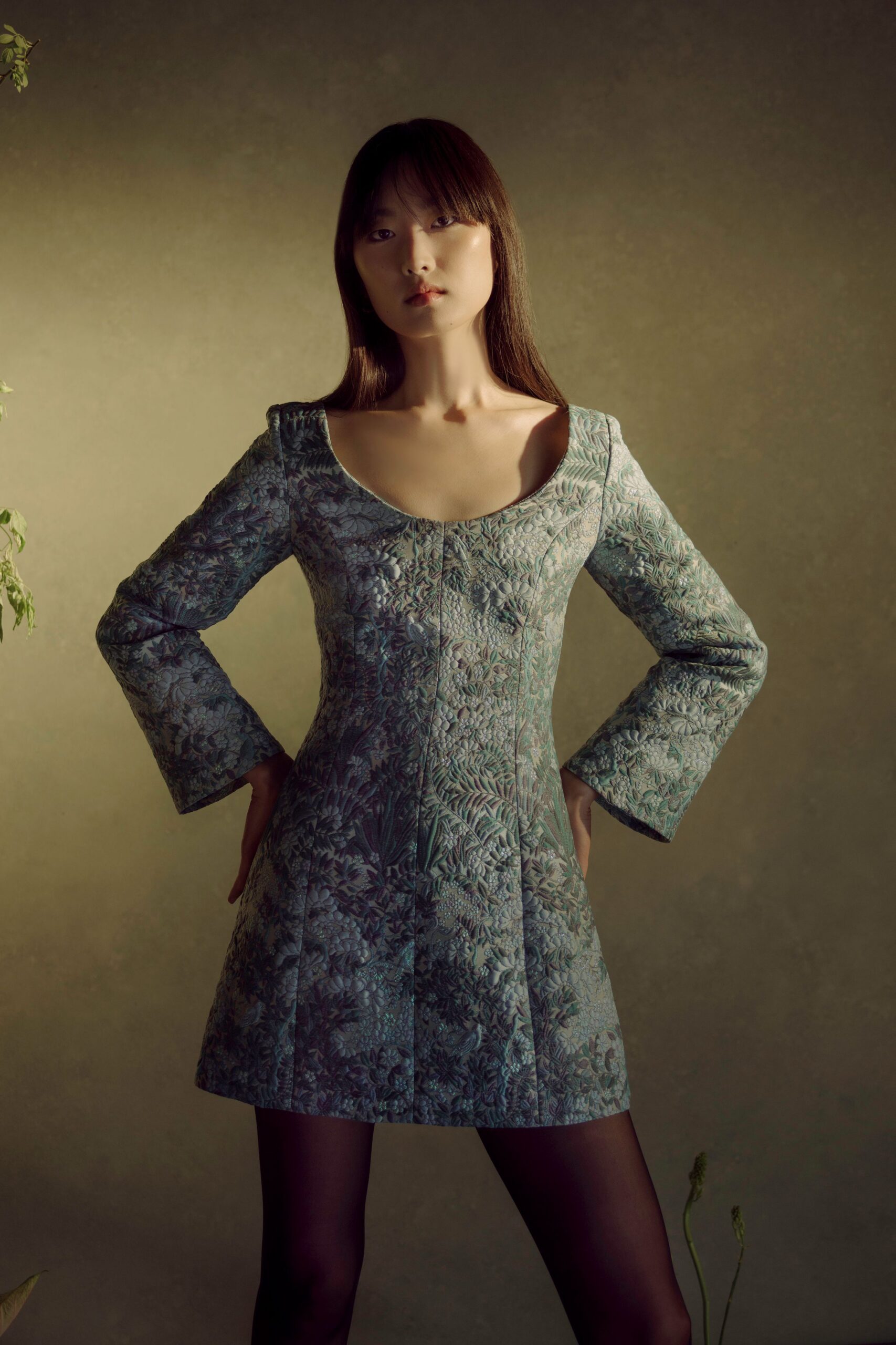 blue green embroidered mini-dress