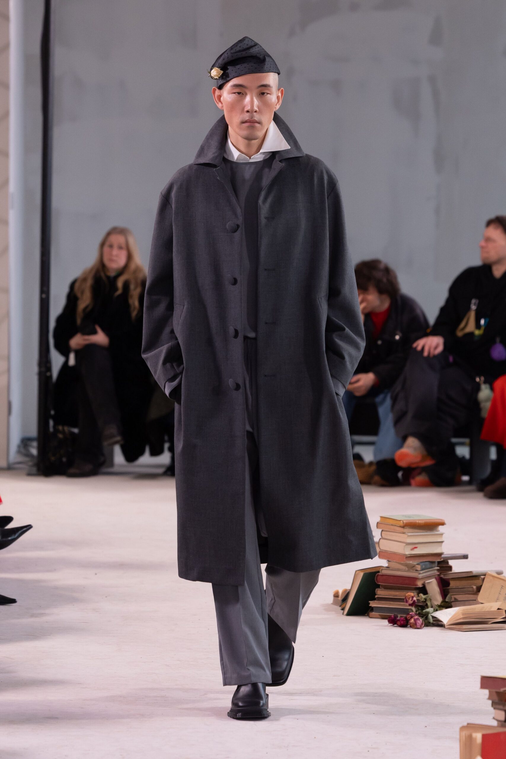 gray wool coat with tailored pants