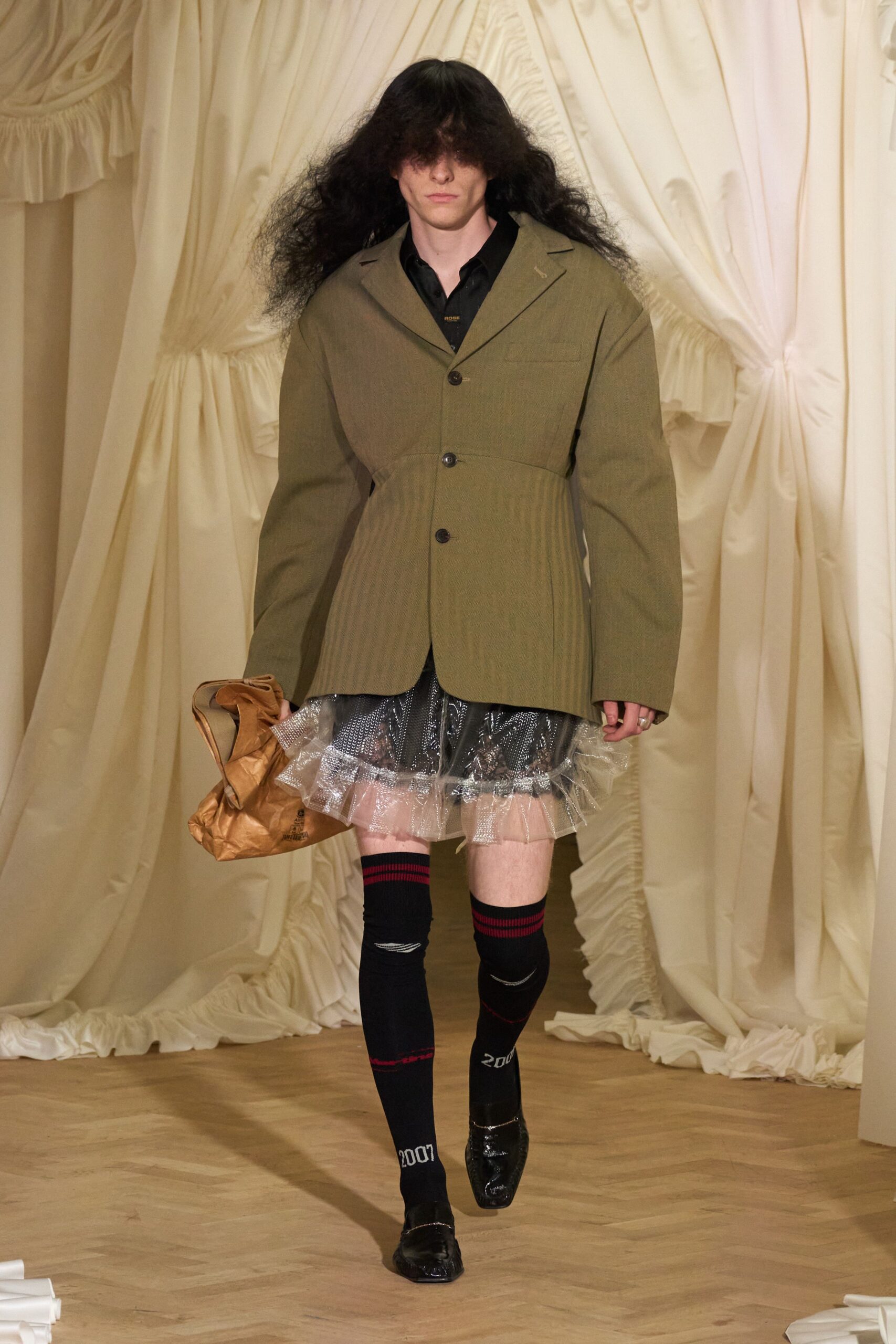 oversized green jacket with mini skirt