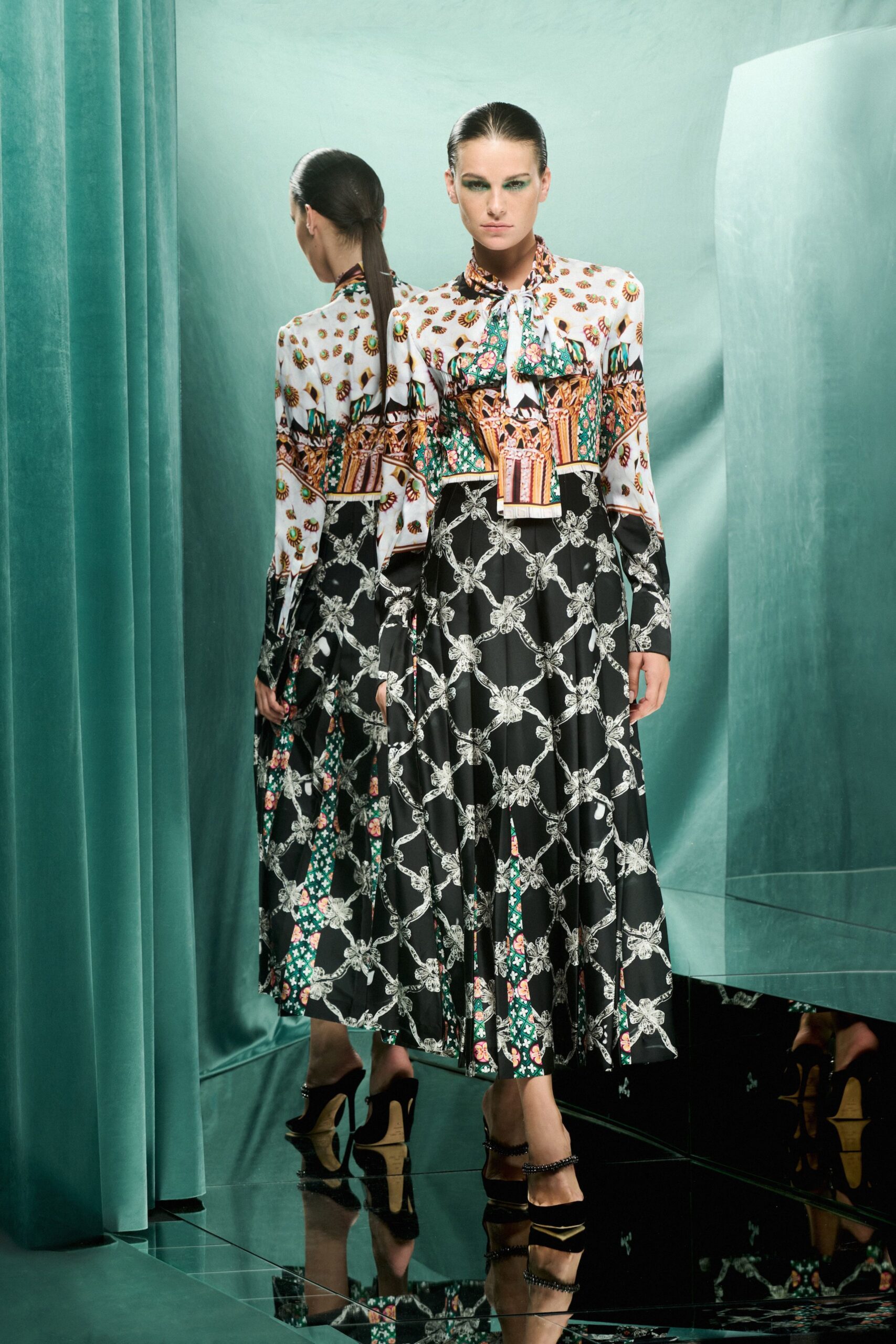 multi-colored printed midi dress with heels