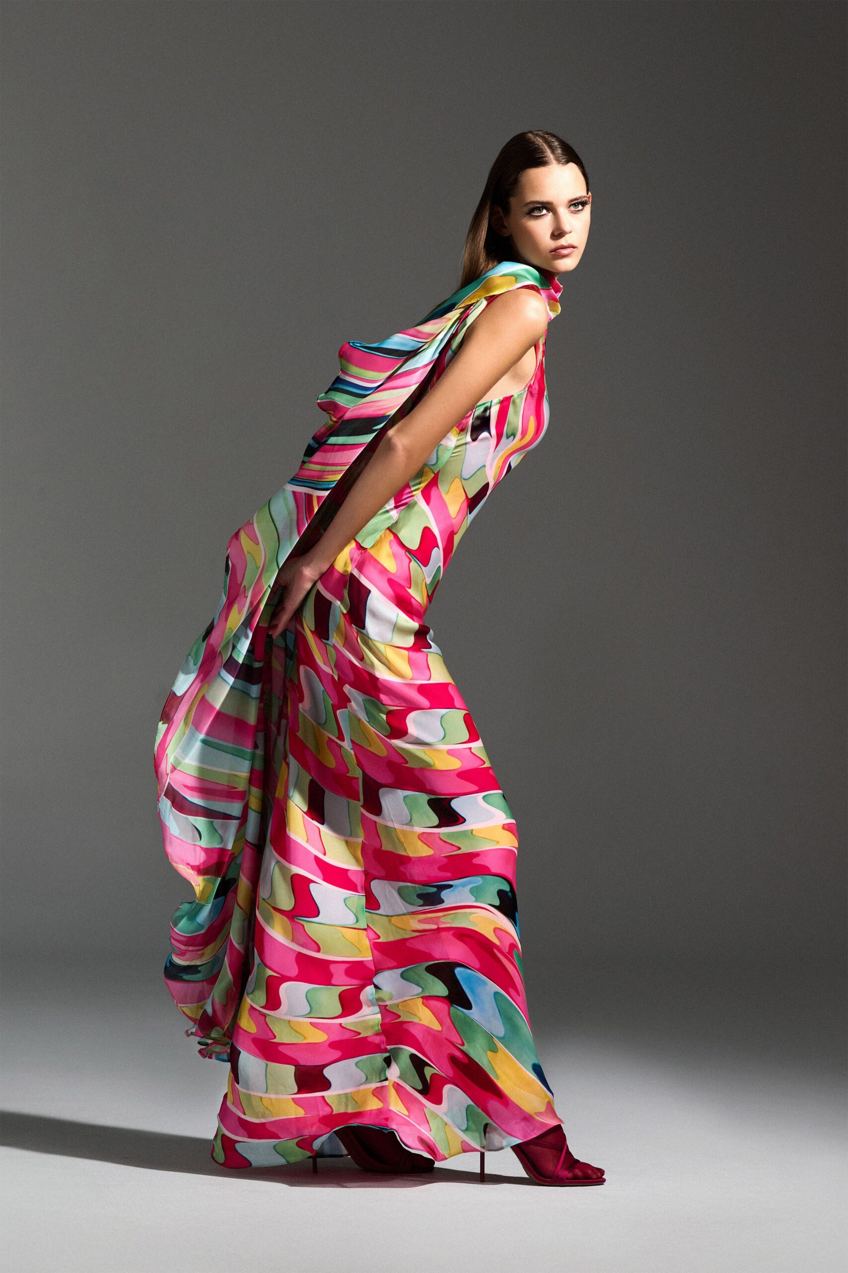 pink silk sleeveless fitted layered printed flowing gown