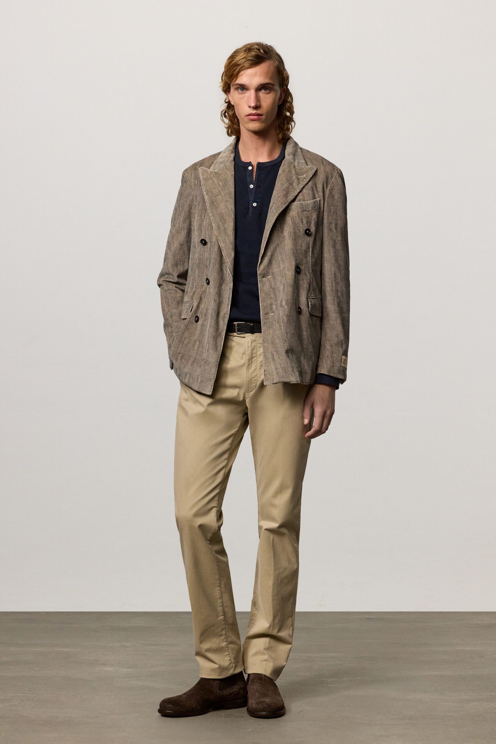 beige cotton slim straight-leg pants