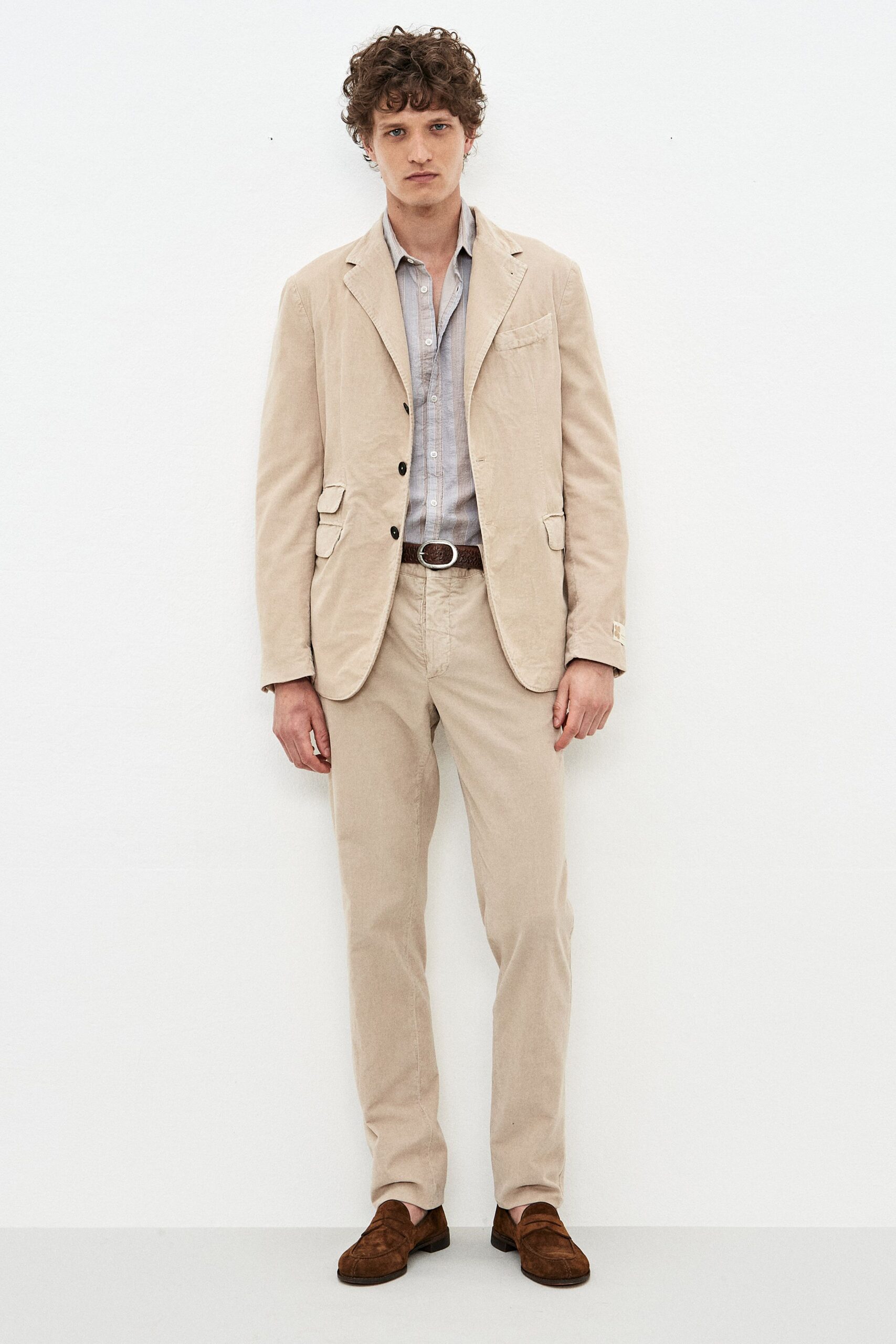 beige cotton slim straight-leg pants