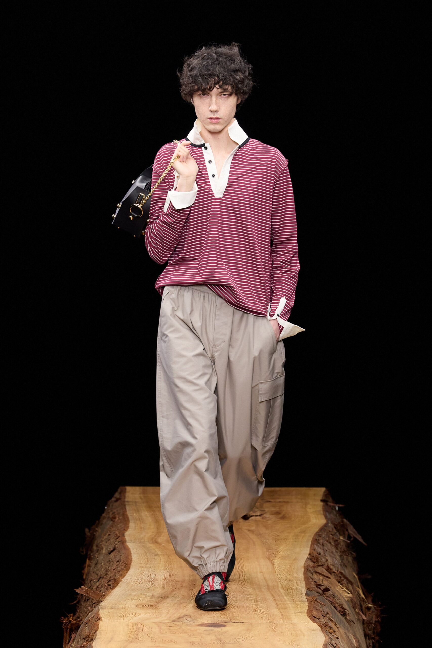 red and white striped shirt with beige cargo pants