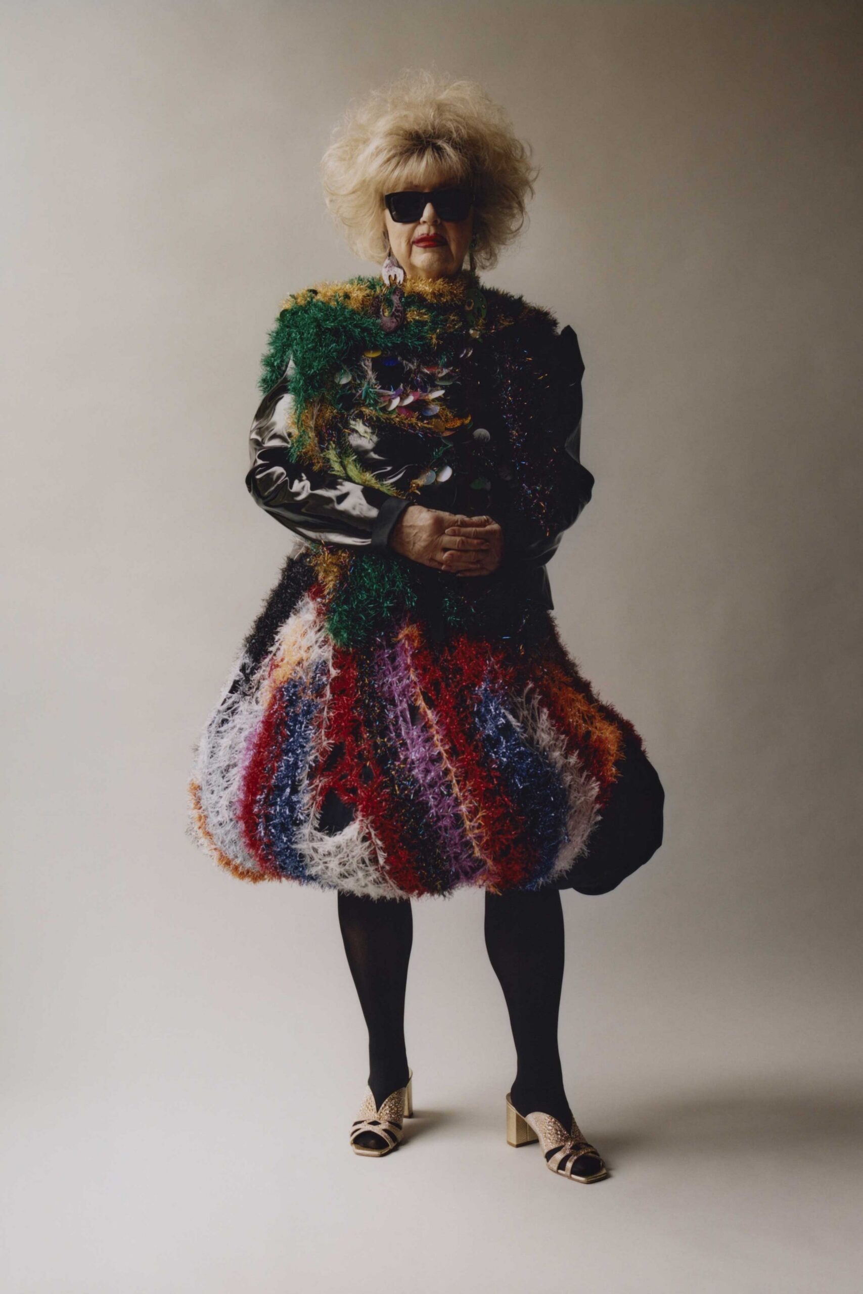multi silk long-sleeve high-neck fitted ruffled layered dress