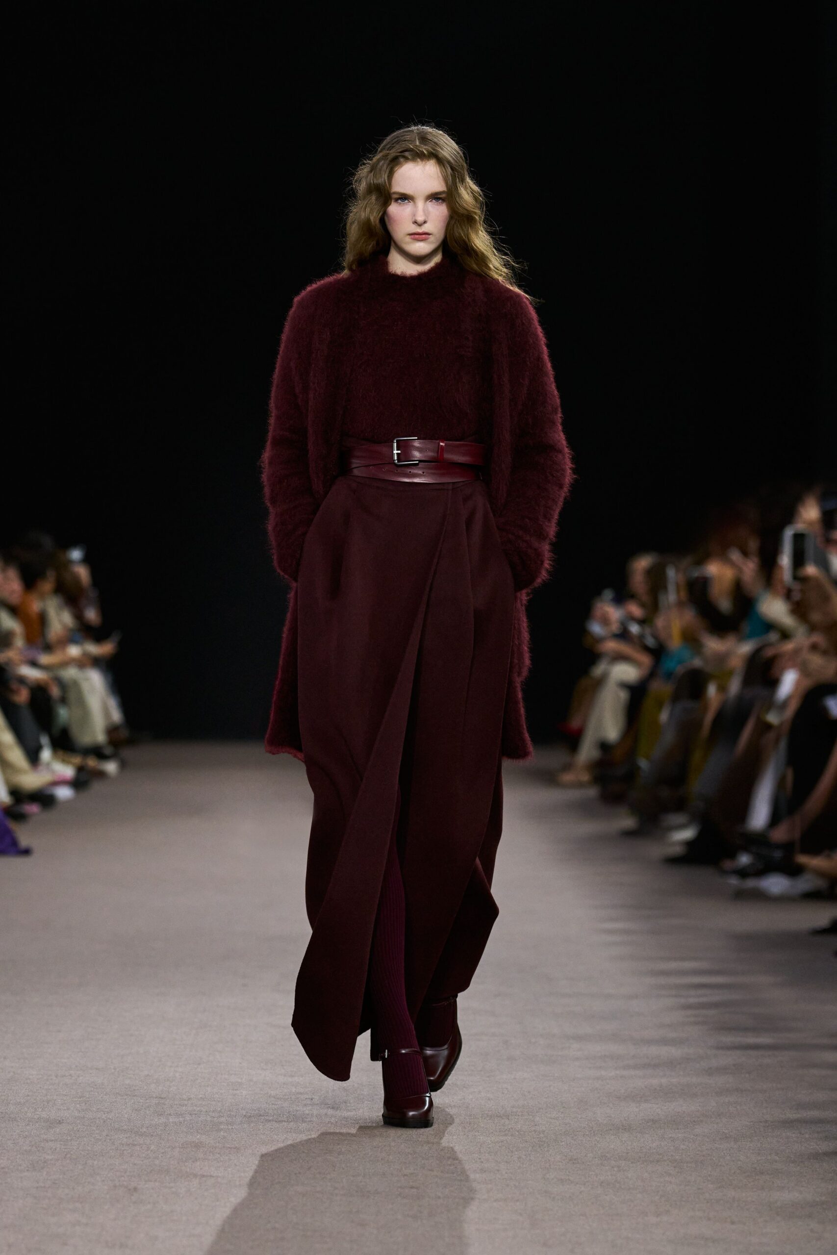 maroon wool long-sleeve relaxed belted draped coat