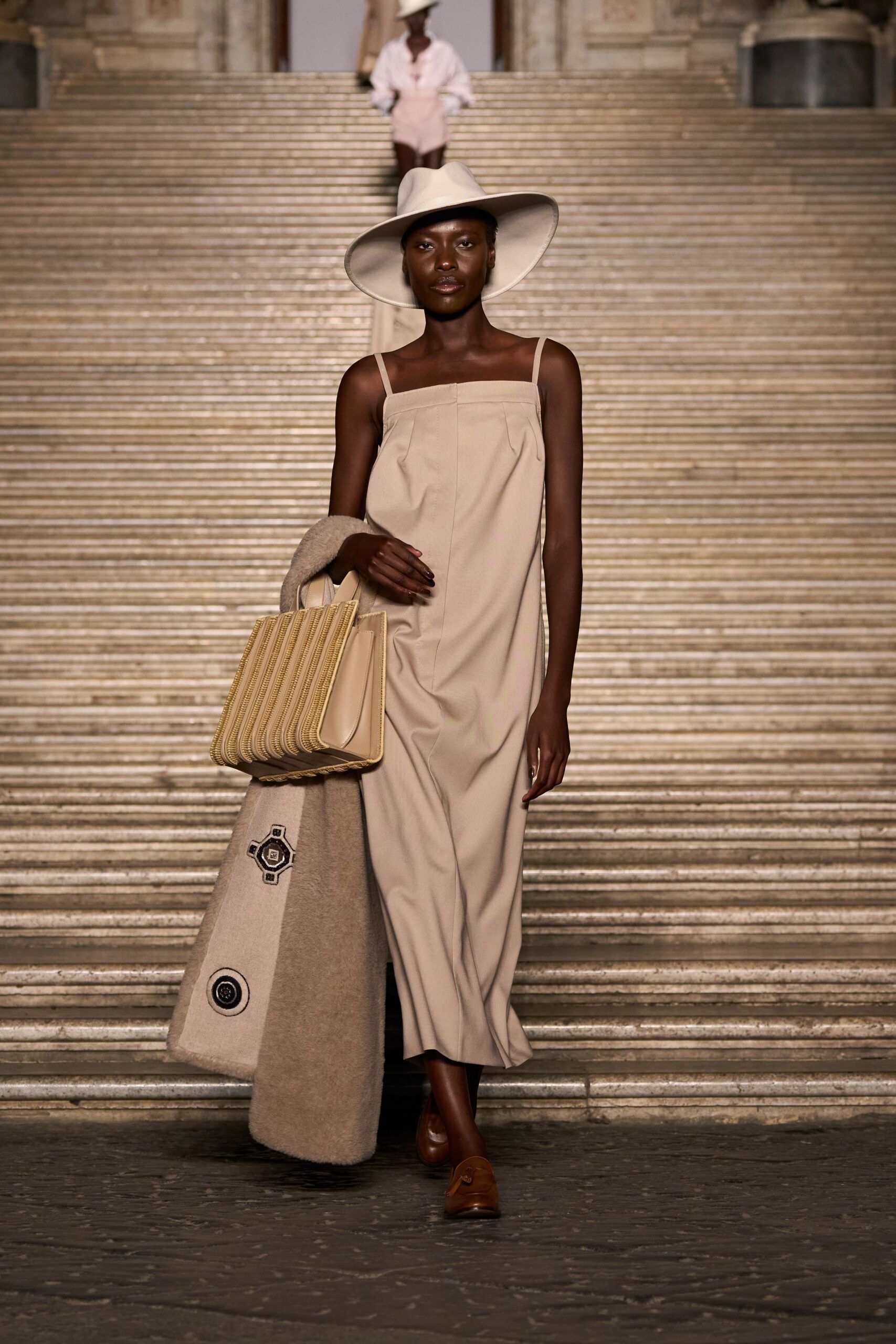 beige midi dress with accessories