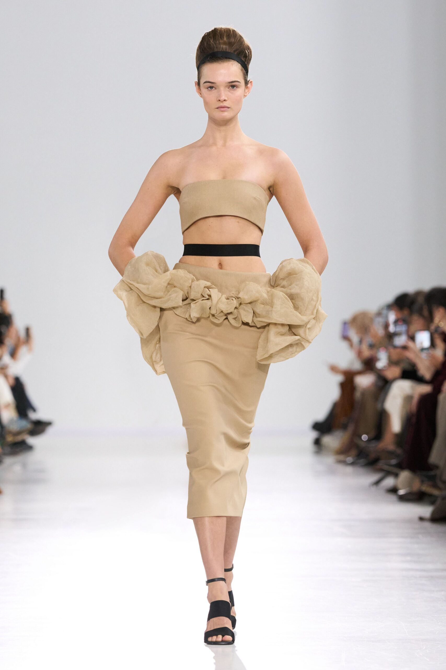 beige silk sleeveless fitted ruched cropped top