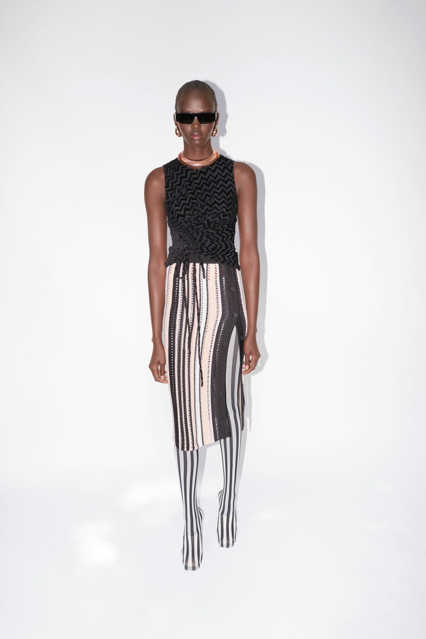black and beige striped midi dress