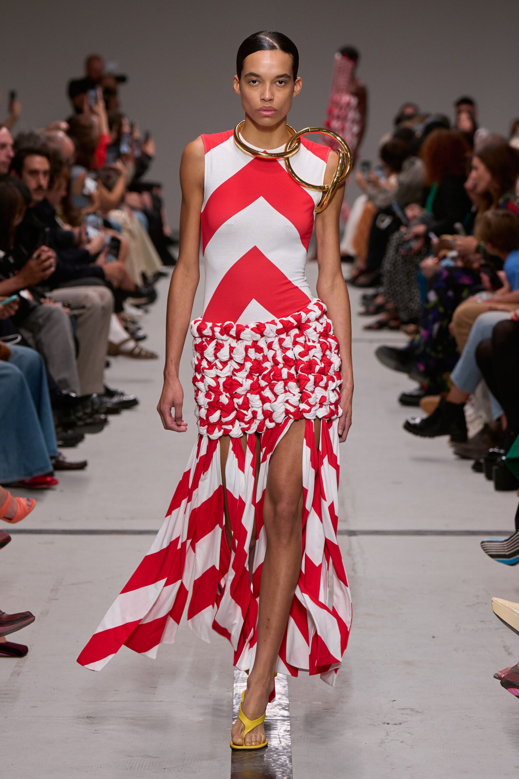 red cotton sleeveless v-neck fitted pleated color-blocked dress