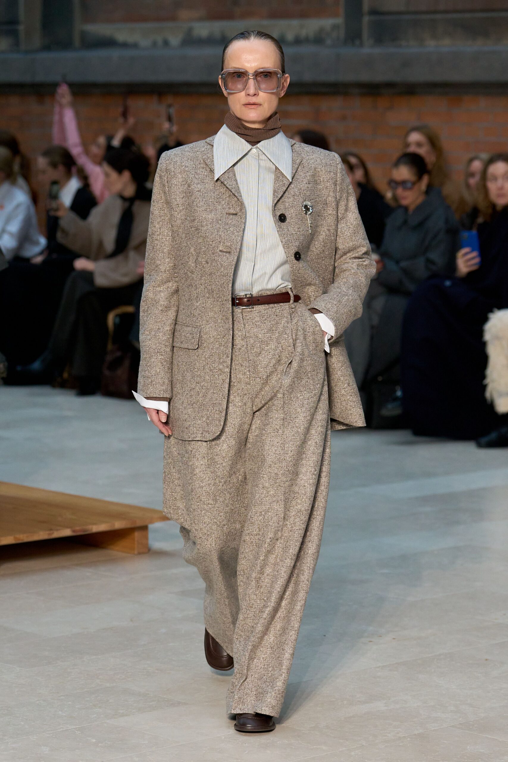 beige tweed suit with white shirt