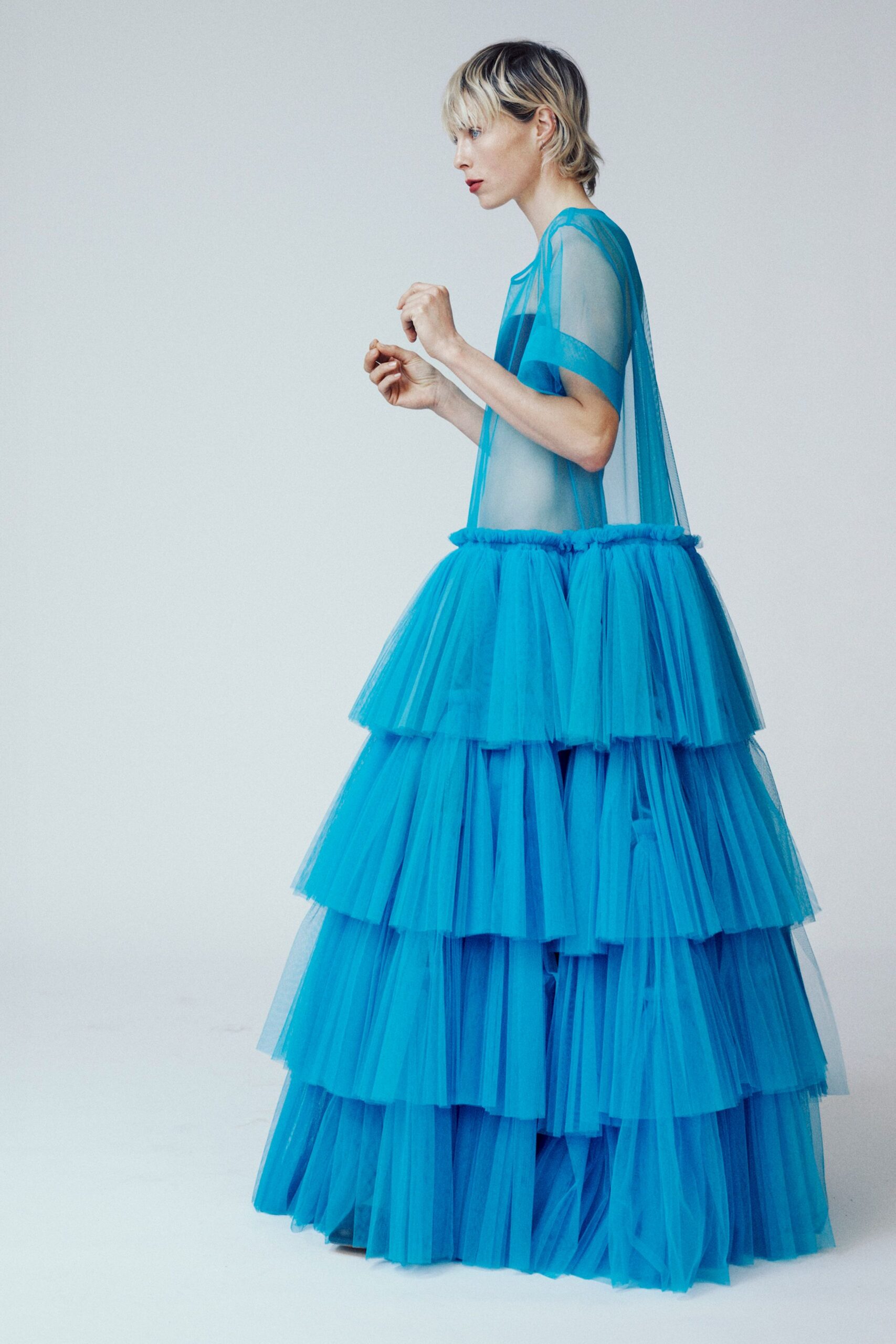 blue tiered tulle gown