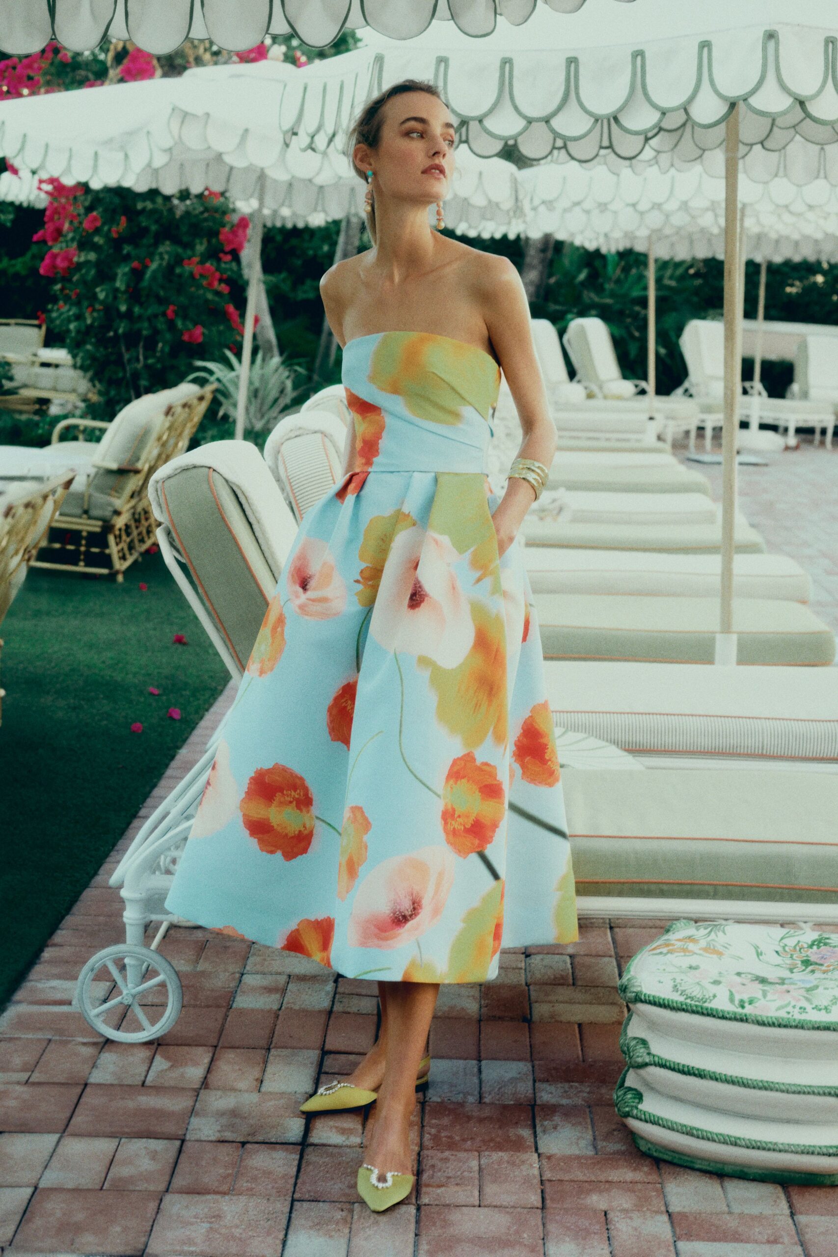 blue cotton strapless fitted floral pockets midi dress