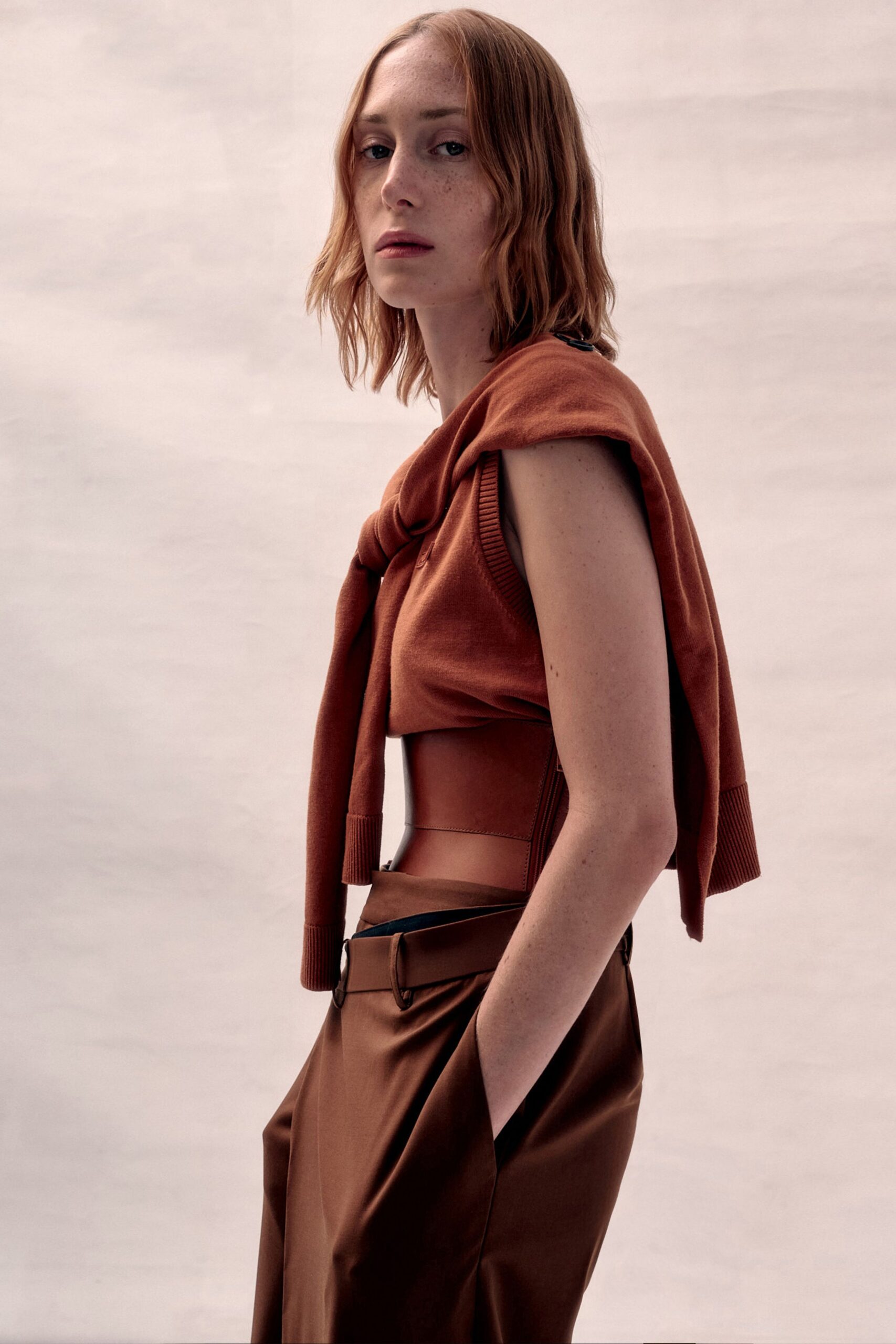 brown cotton sleeveless fitted ribbed top