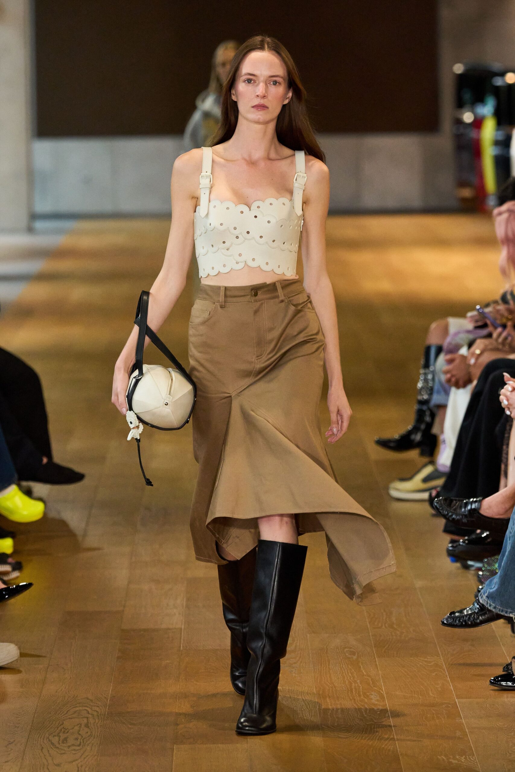 beige cotton asymmetric fitted high-waisted pleated midi skirt