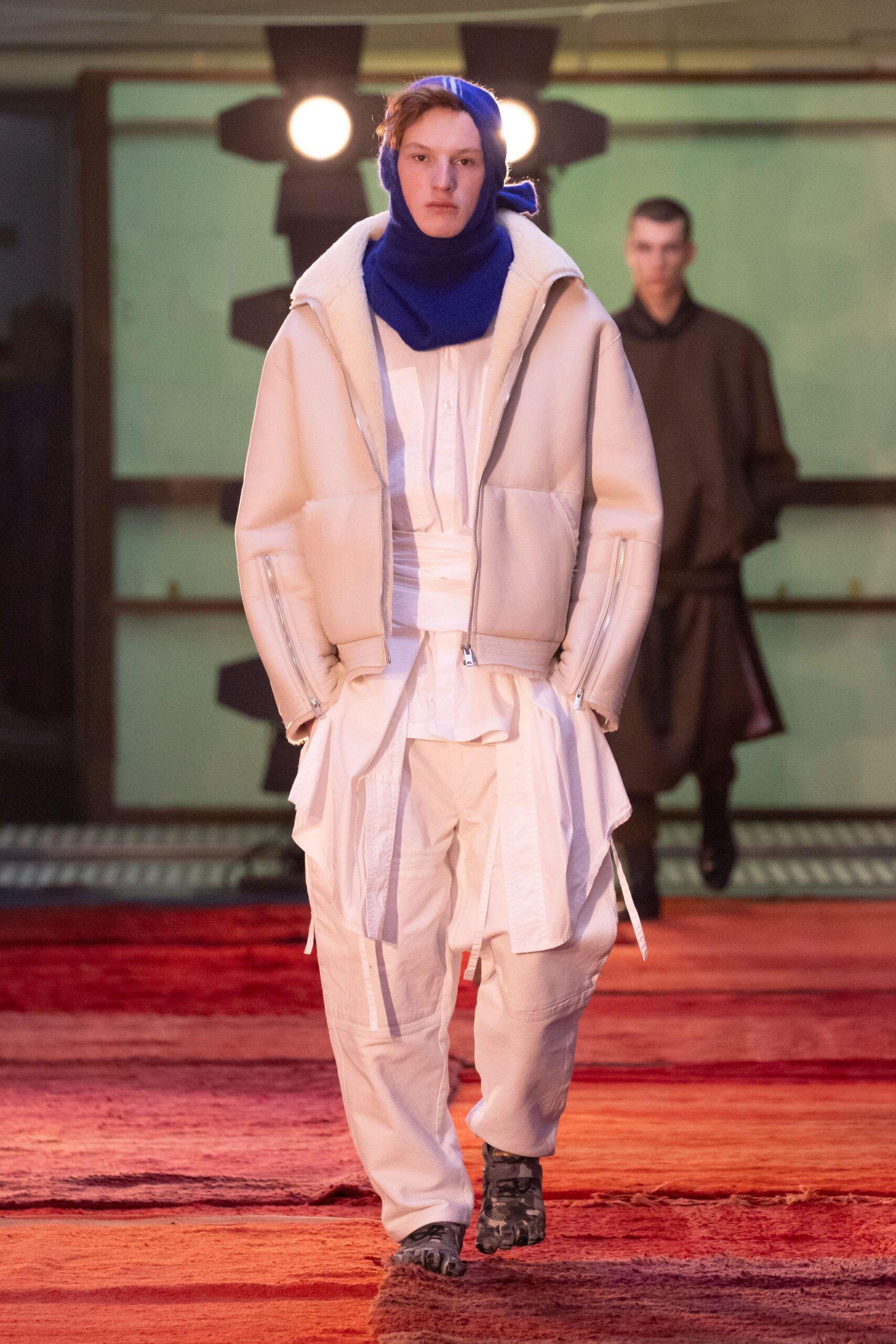 white leather long-sleeve collared relaxed zippered jacket
