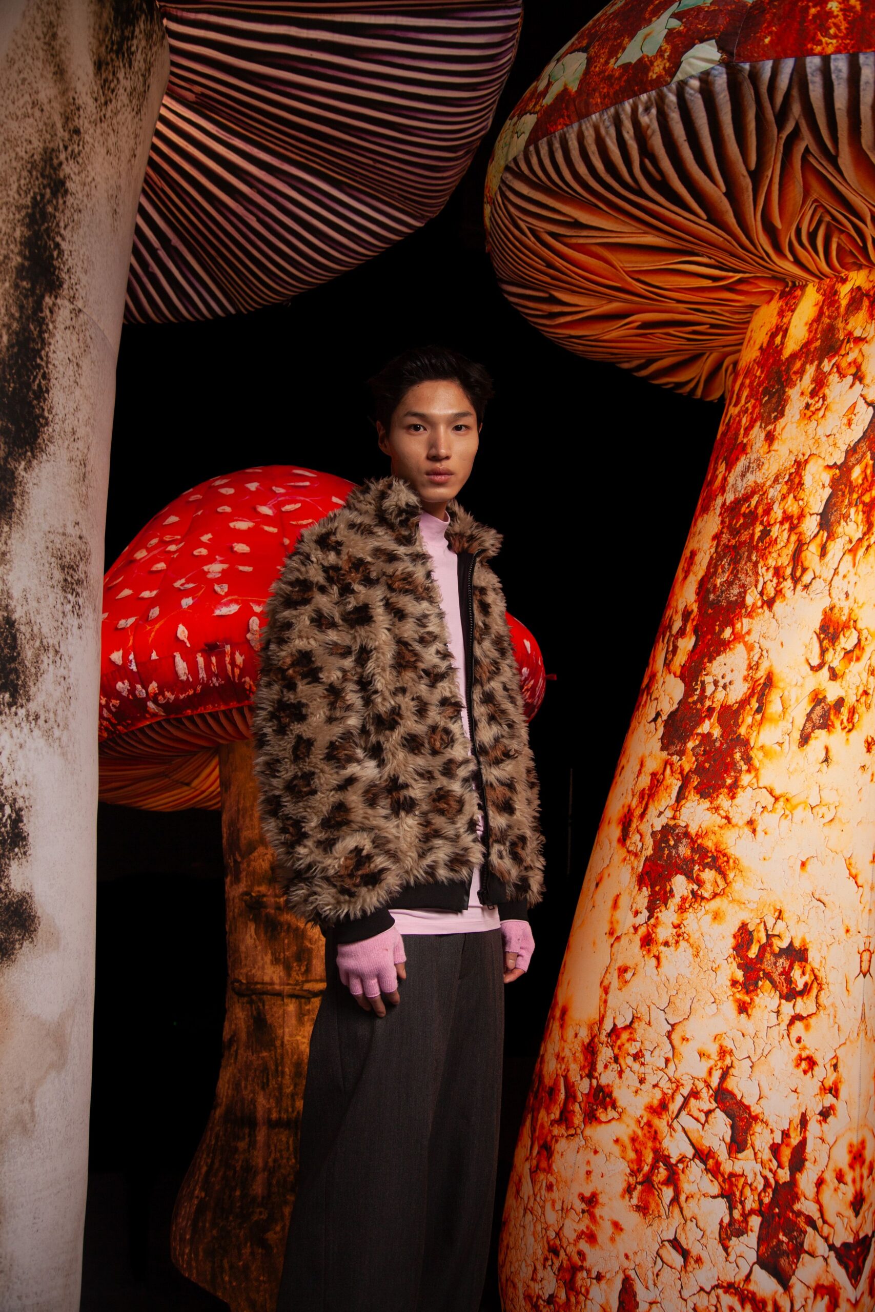 brown faux-fur jacket with pink top