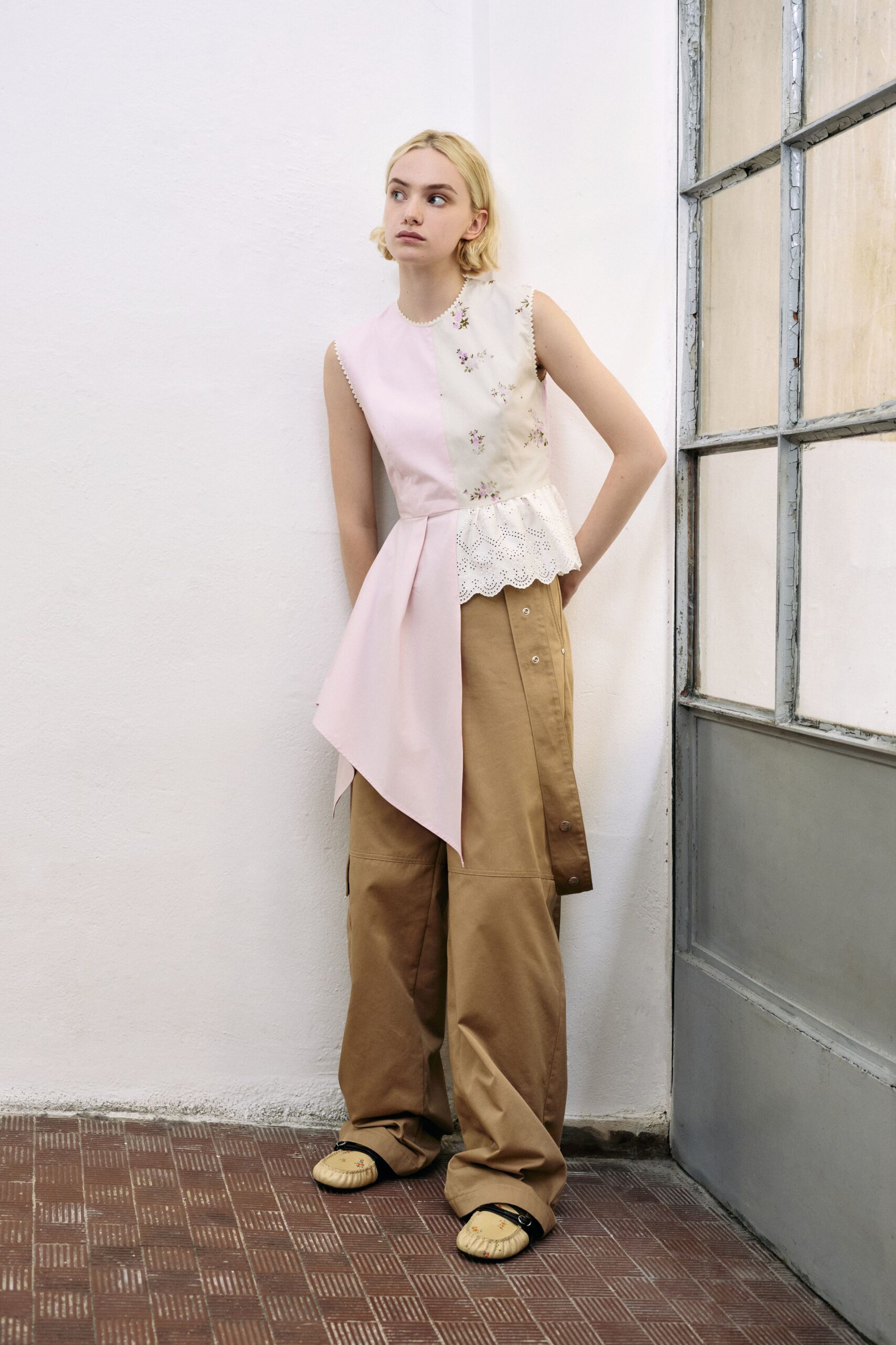 pink cotton sleeveless fitted embroidered layered top