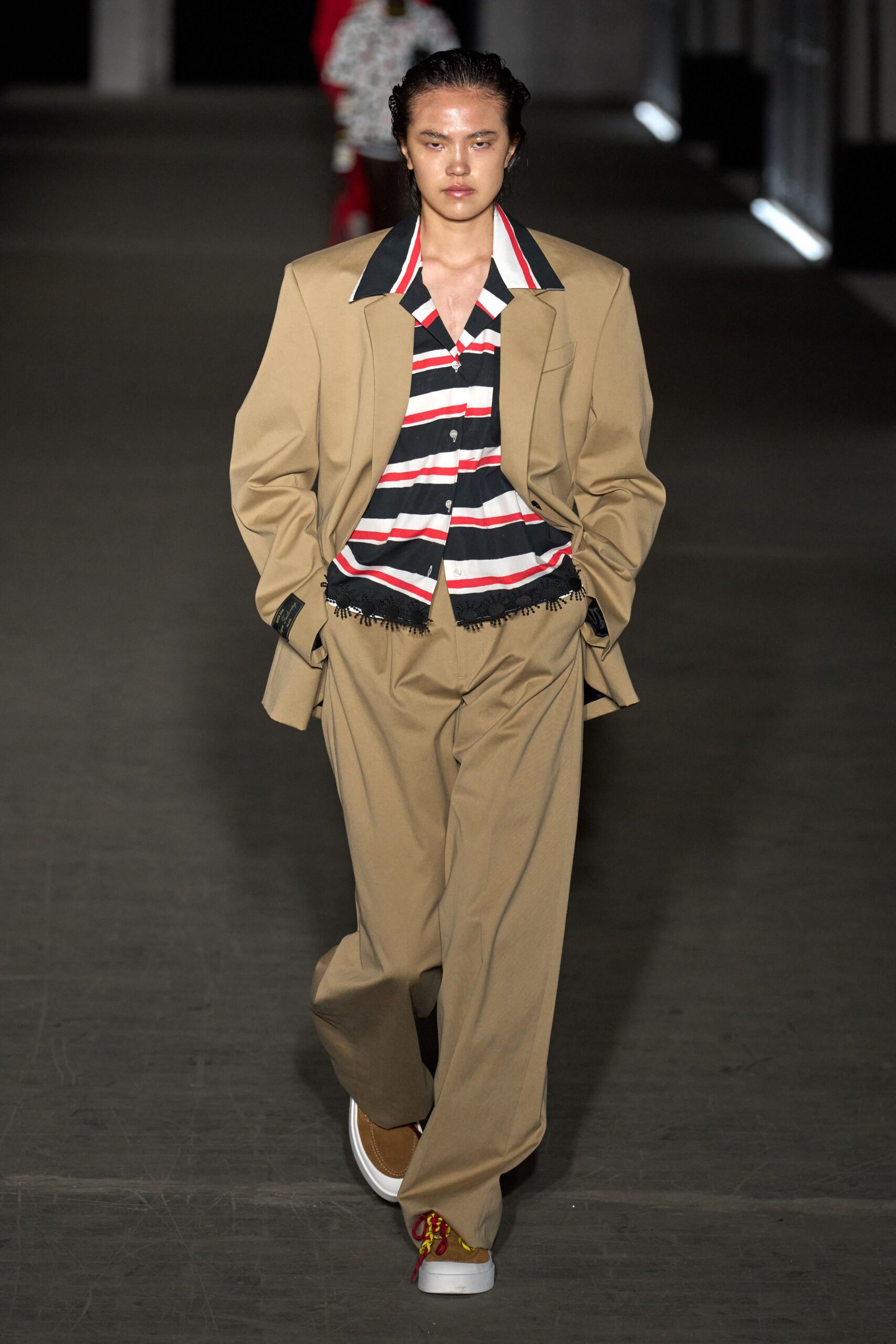 beige blazer with striped shirt