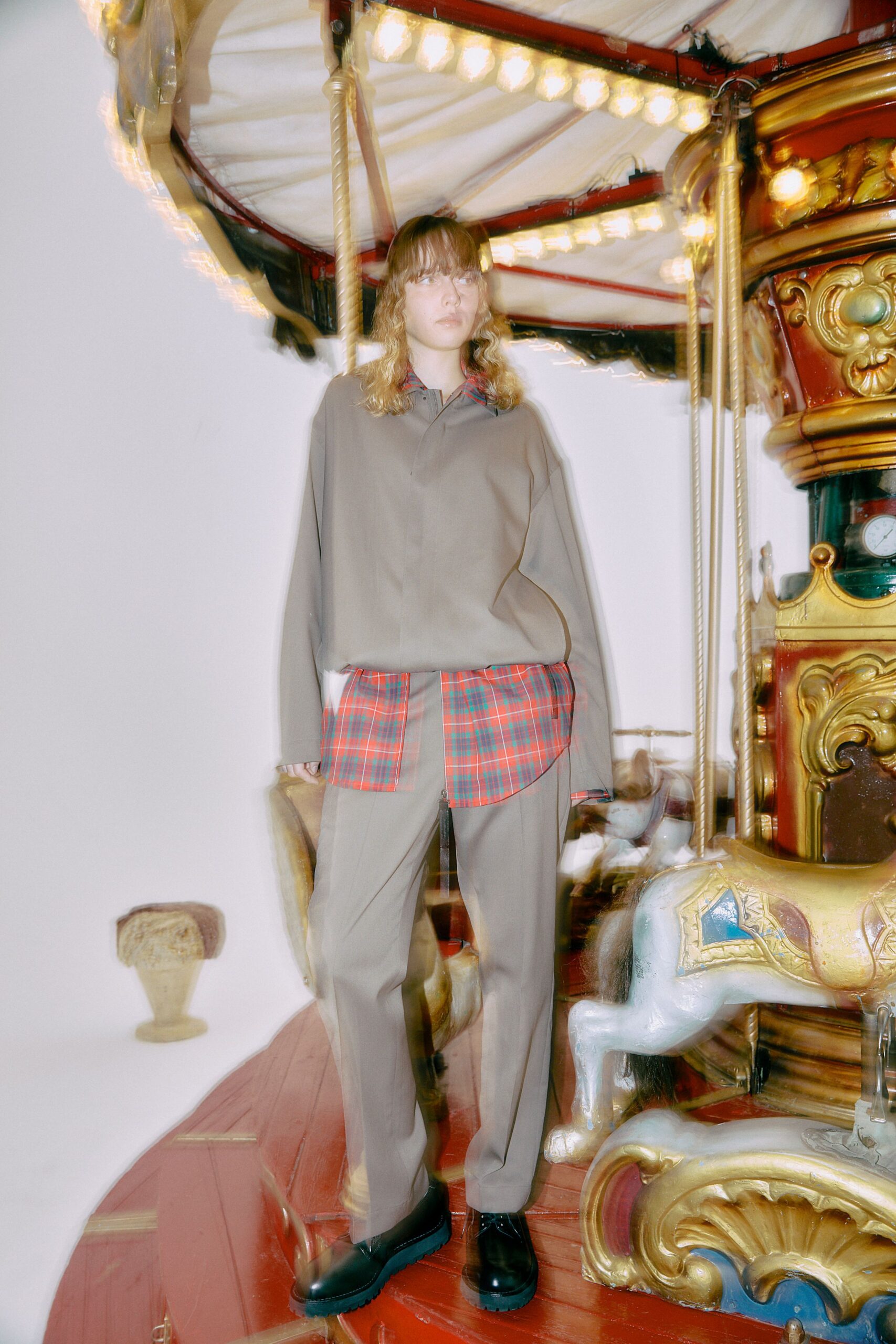 gray relaxed shirt with checked overlay