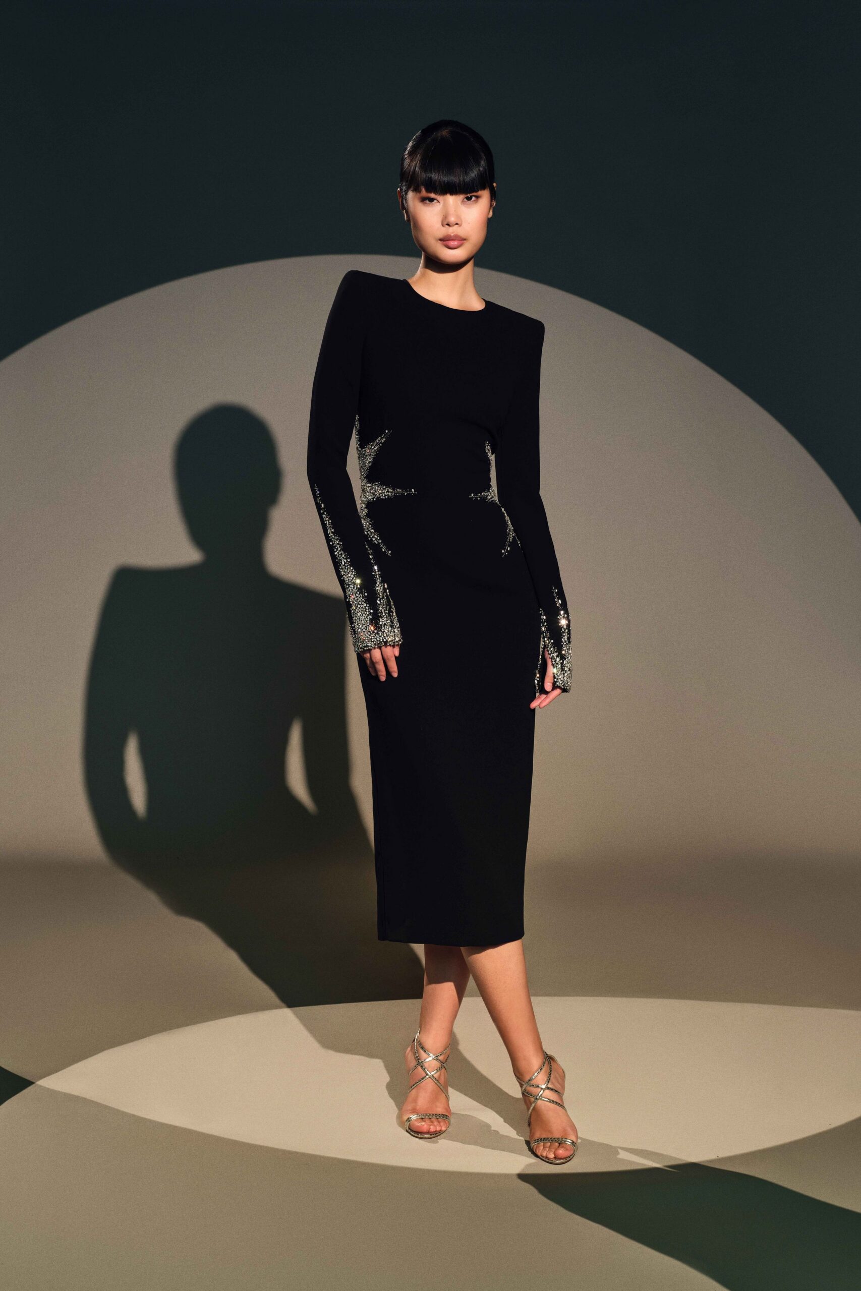 black fitted midi dress with embellishments