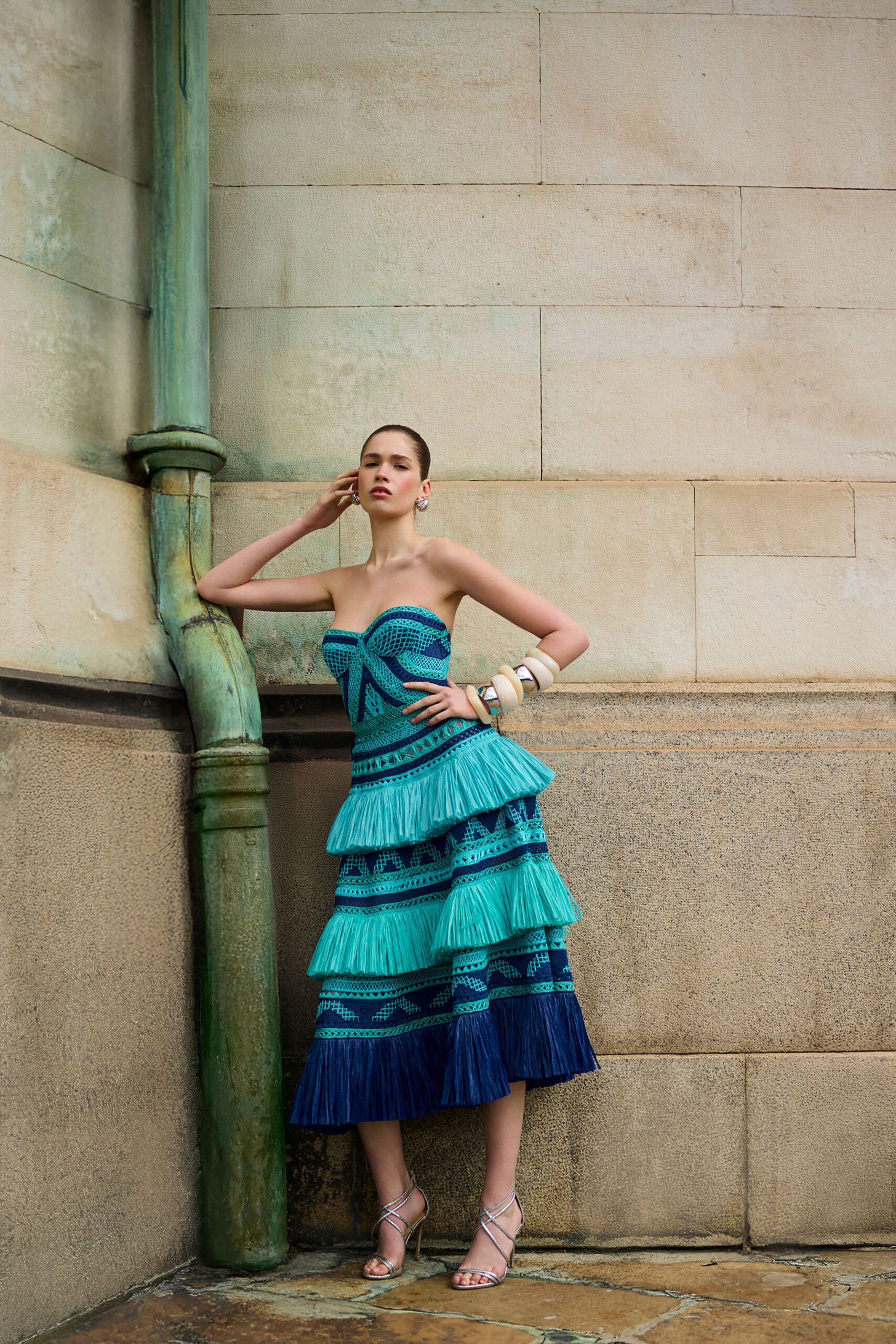 blue cotton strapless fitted tiered ruffled midi dress
