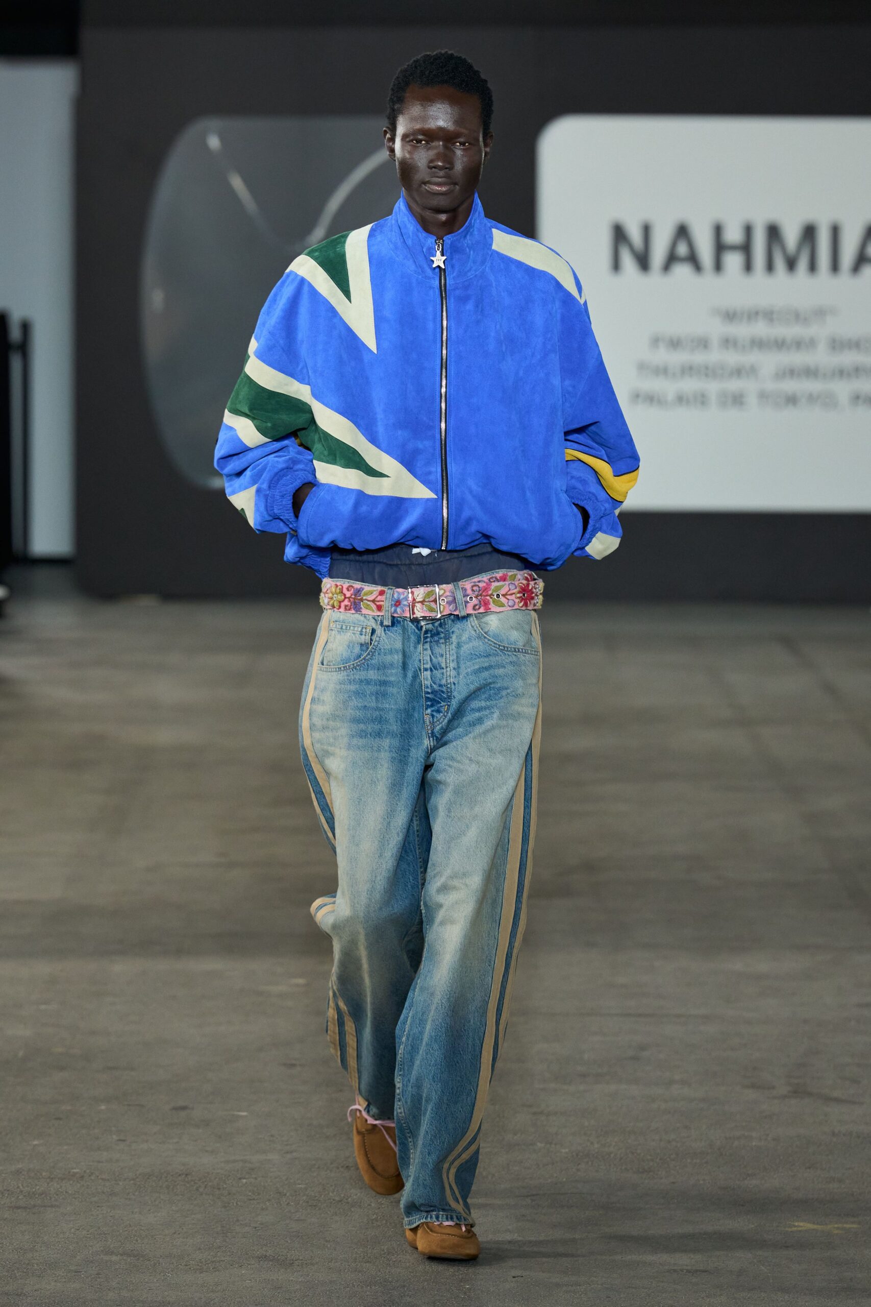 color-blocked blue jacket with relaxed pants