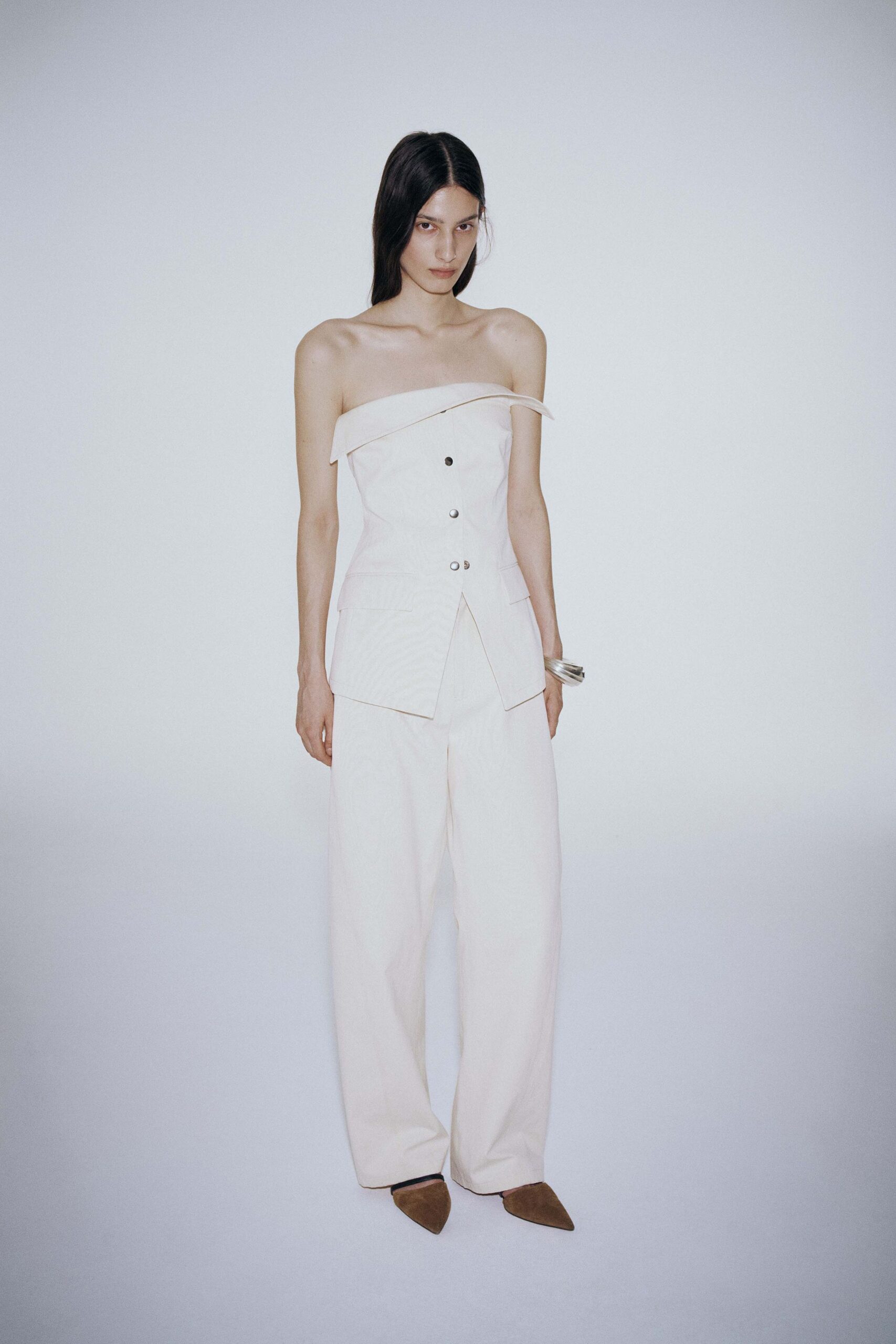white cotton sleeveless off-shoulder fitted buttoned top
