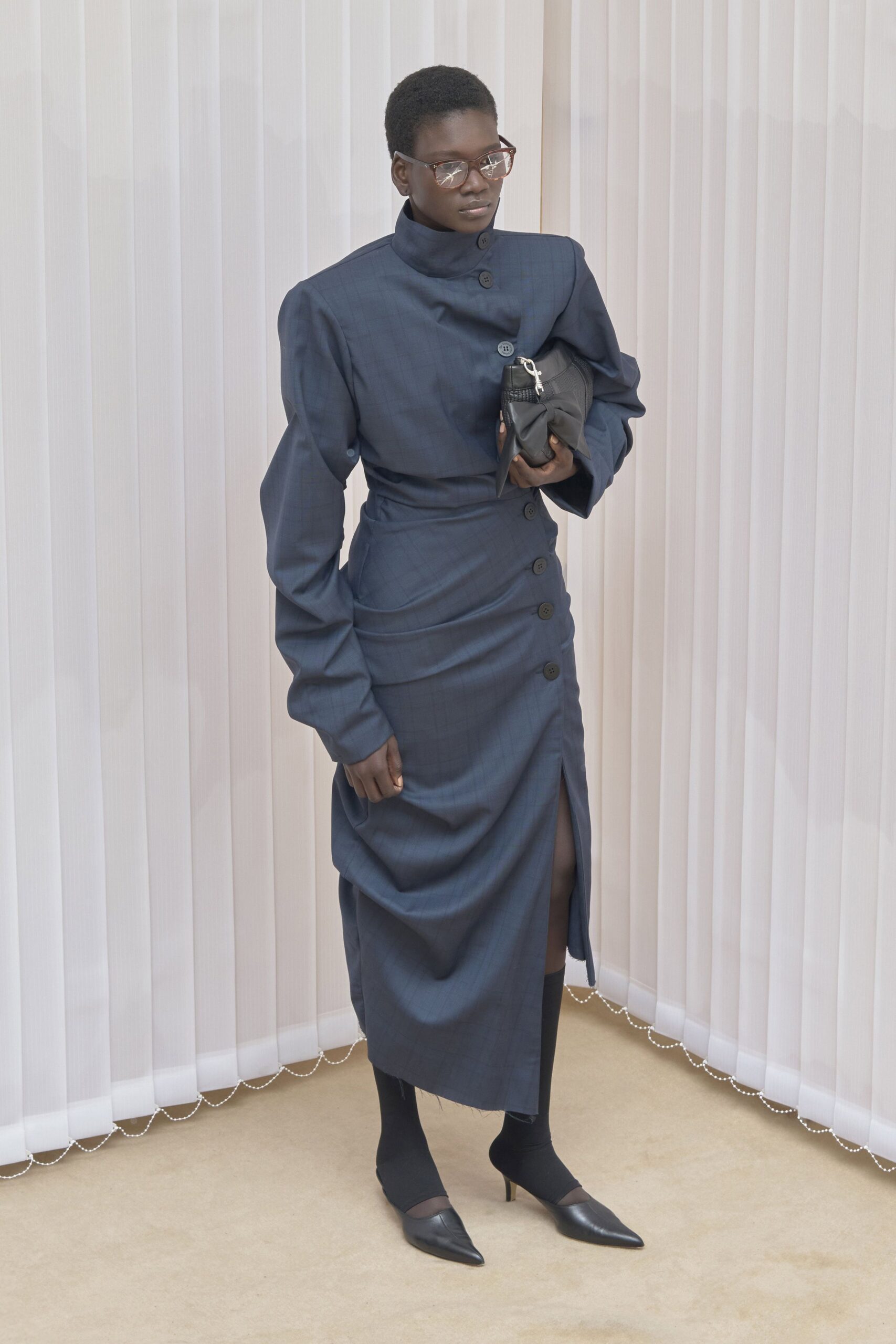 blue cotton long-sleeve collared fitted structured buttoned dress