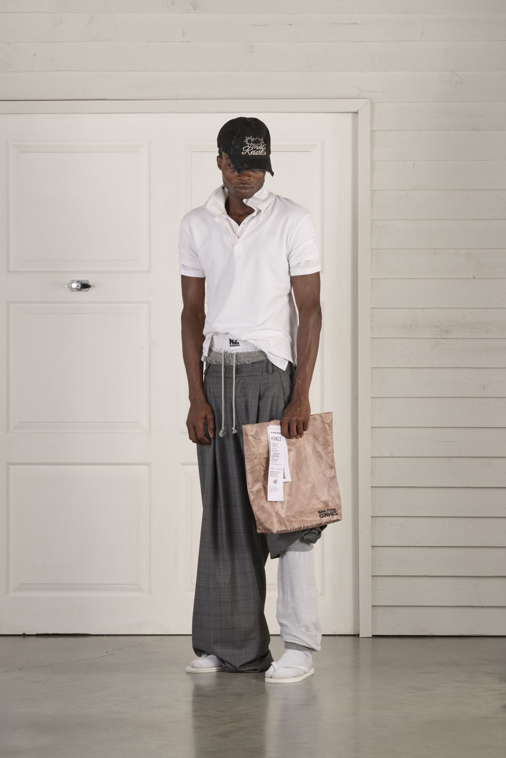 white shirt gray pants